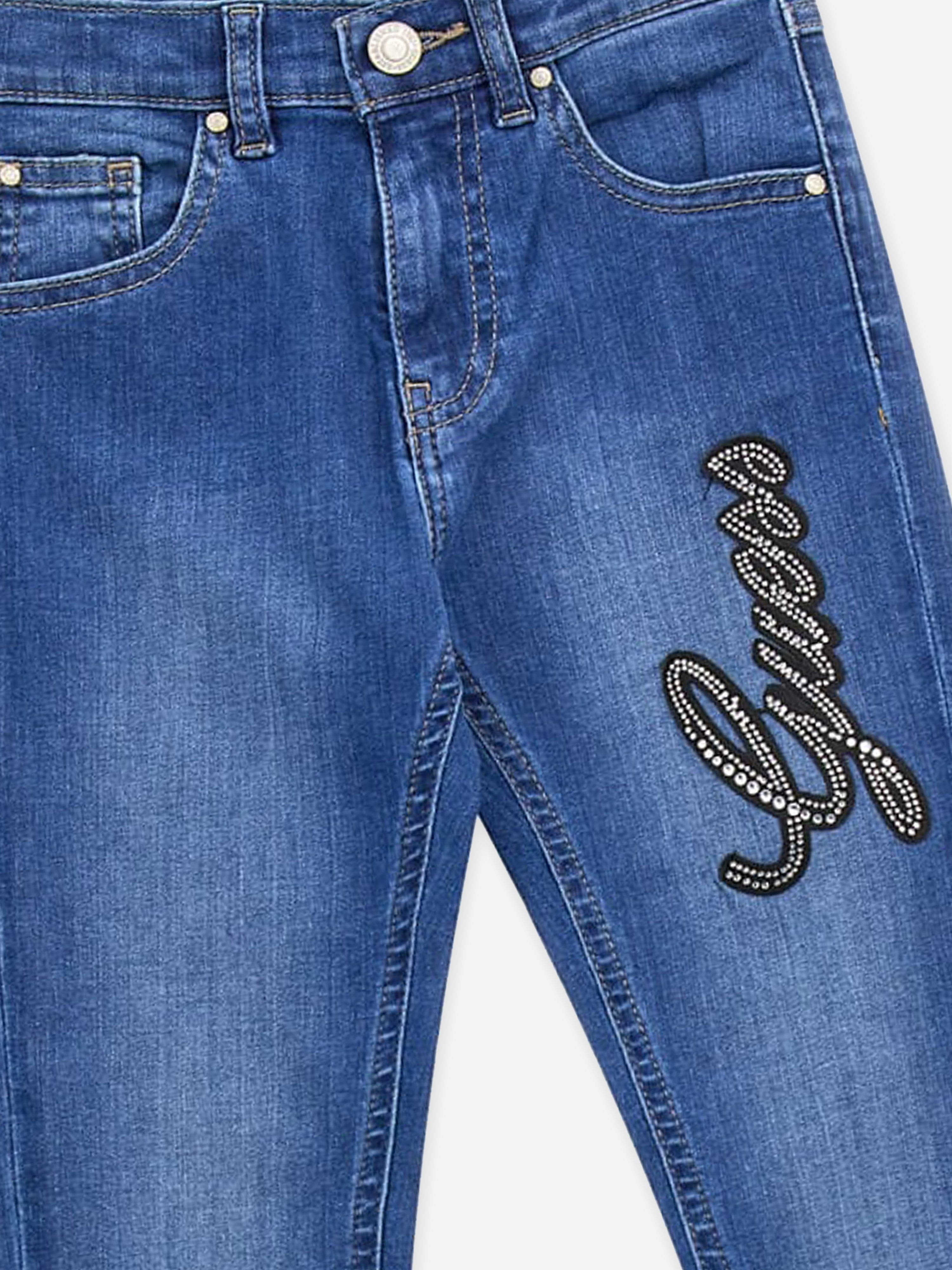 Girls Diamante Logo Skinny Jeans in Blue
