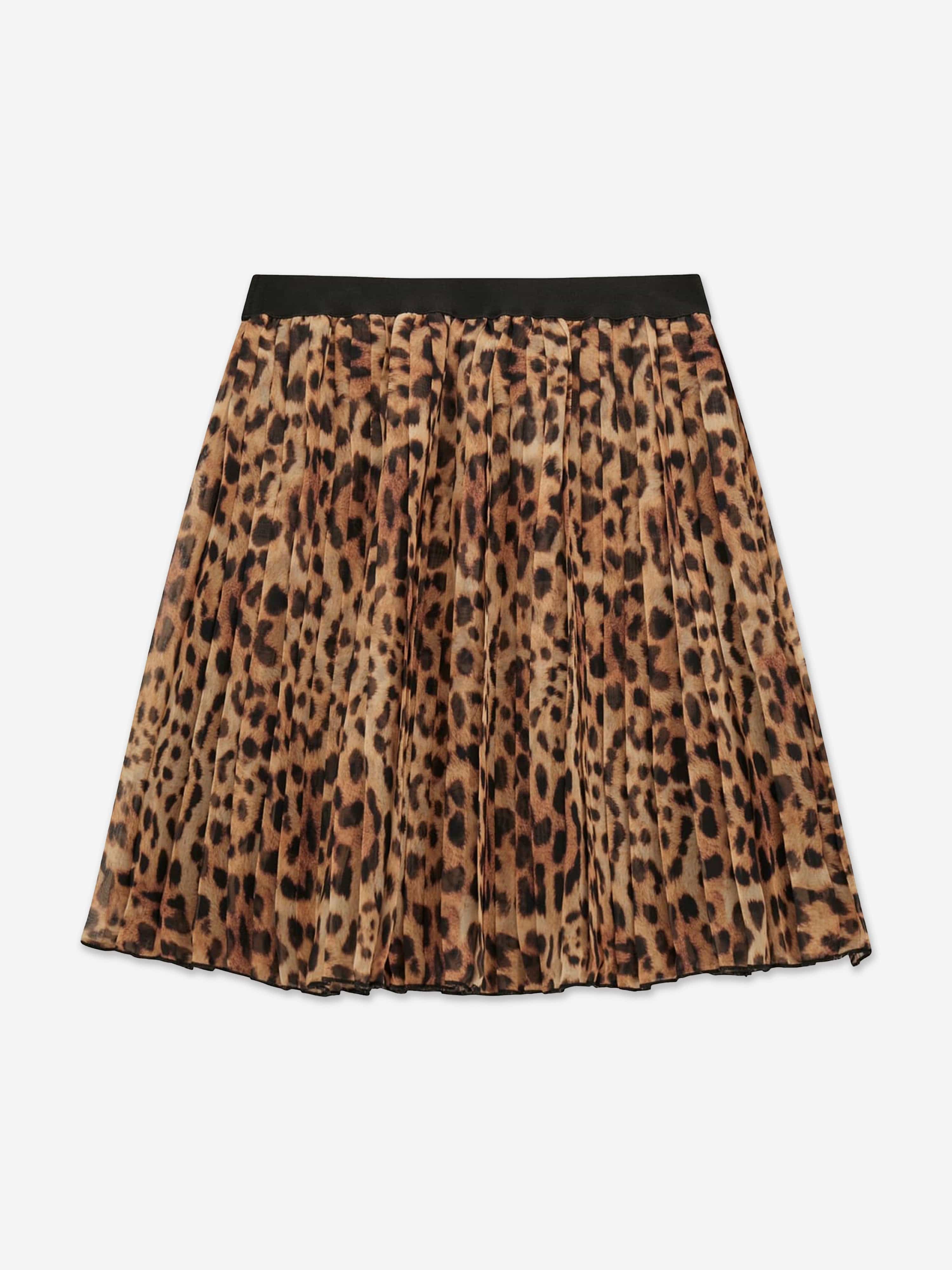 Girls Leopard Chiffon Pleated Midi Skirt in Brown