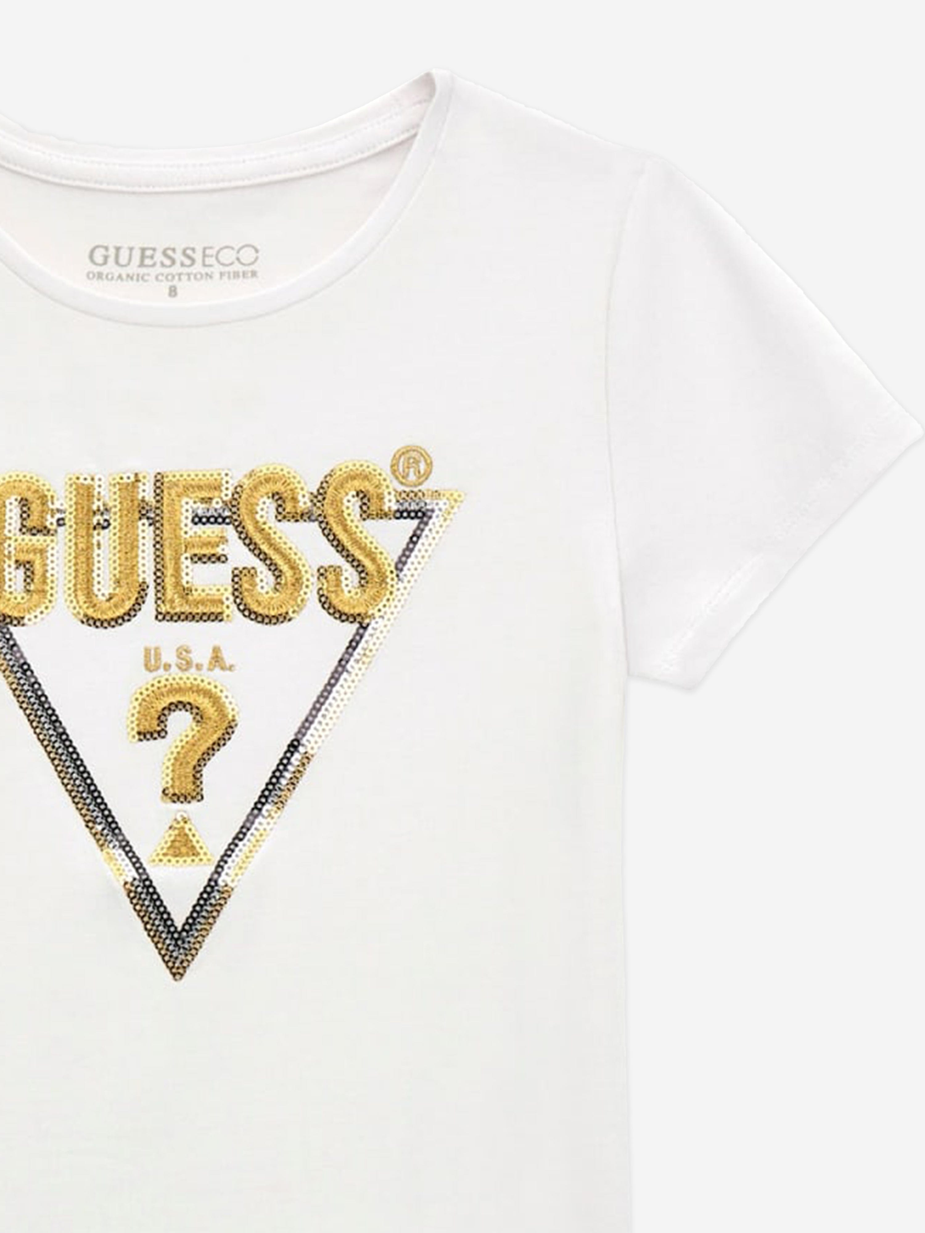 Guess Girls Logo Print T-Shirt in White