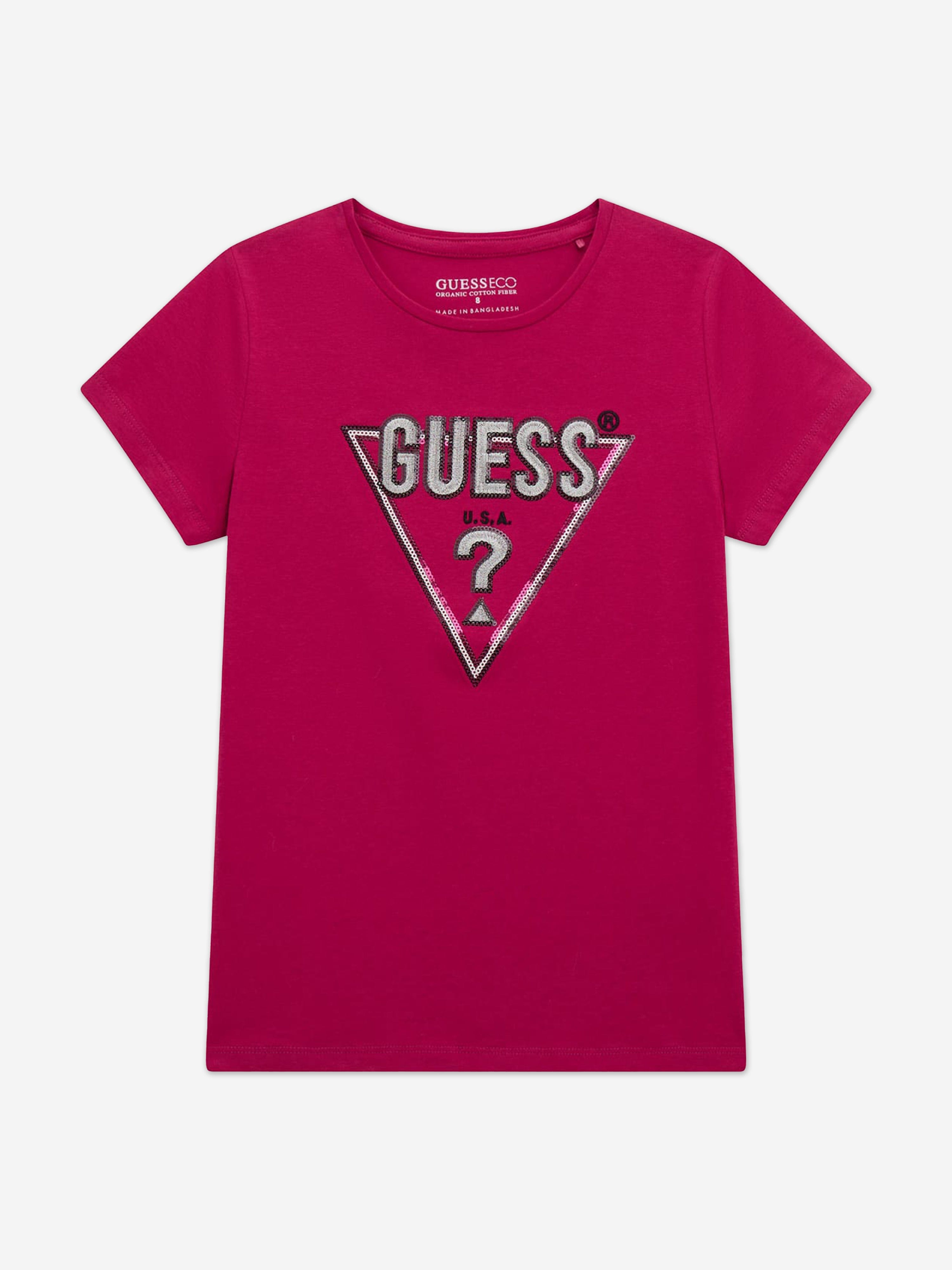 Guess Girls Logo Print T-Shirt in Pink