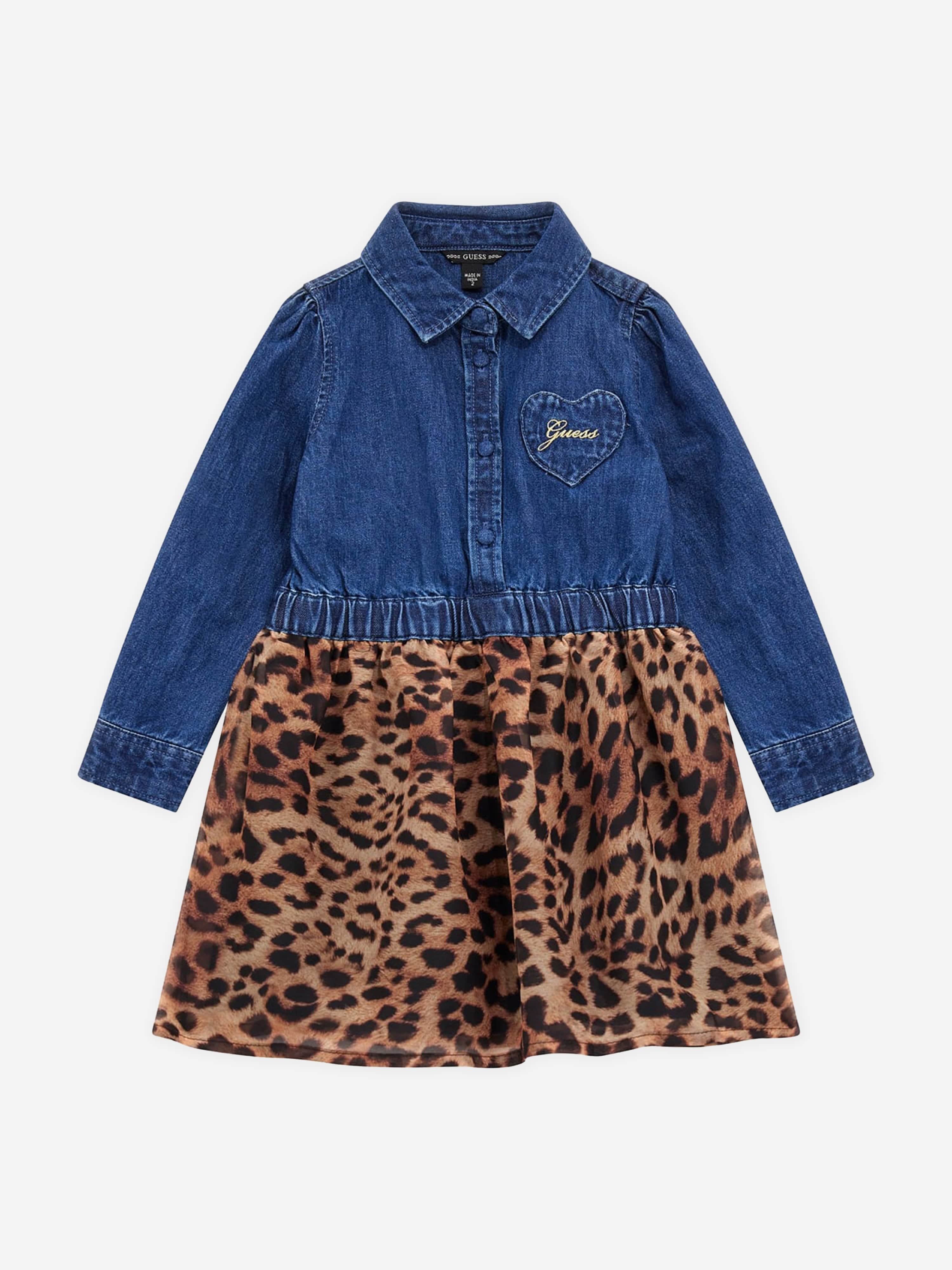 Guess Girls Denim And Leopard Dress in Blue