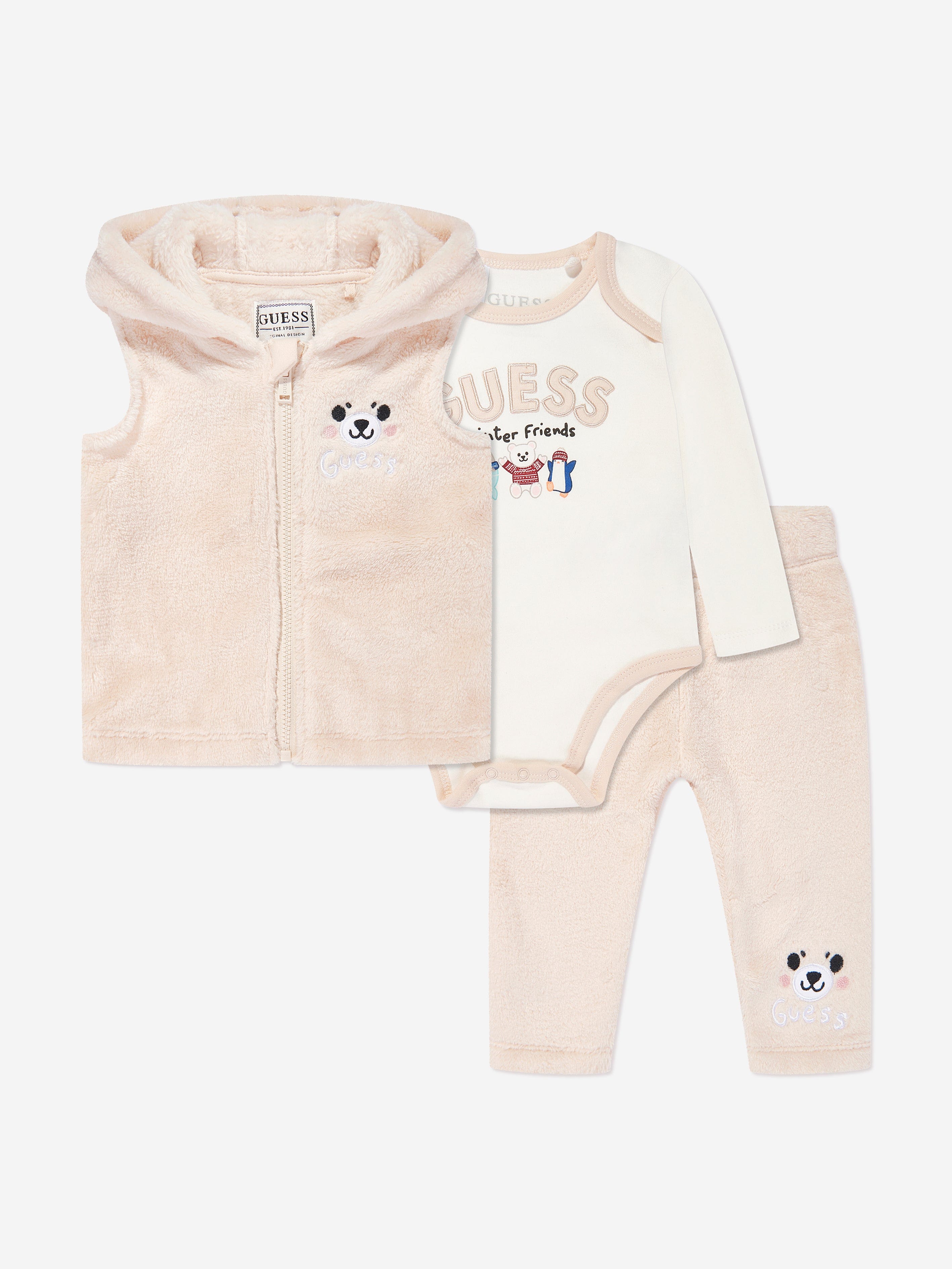 Guess Baby Boys 3 Piece Bodysuit Set in Beige