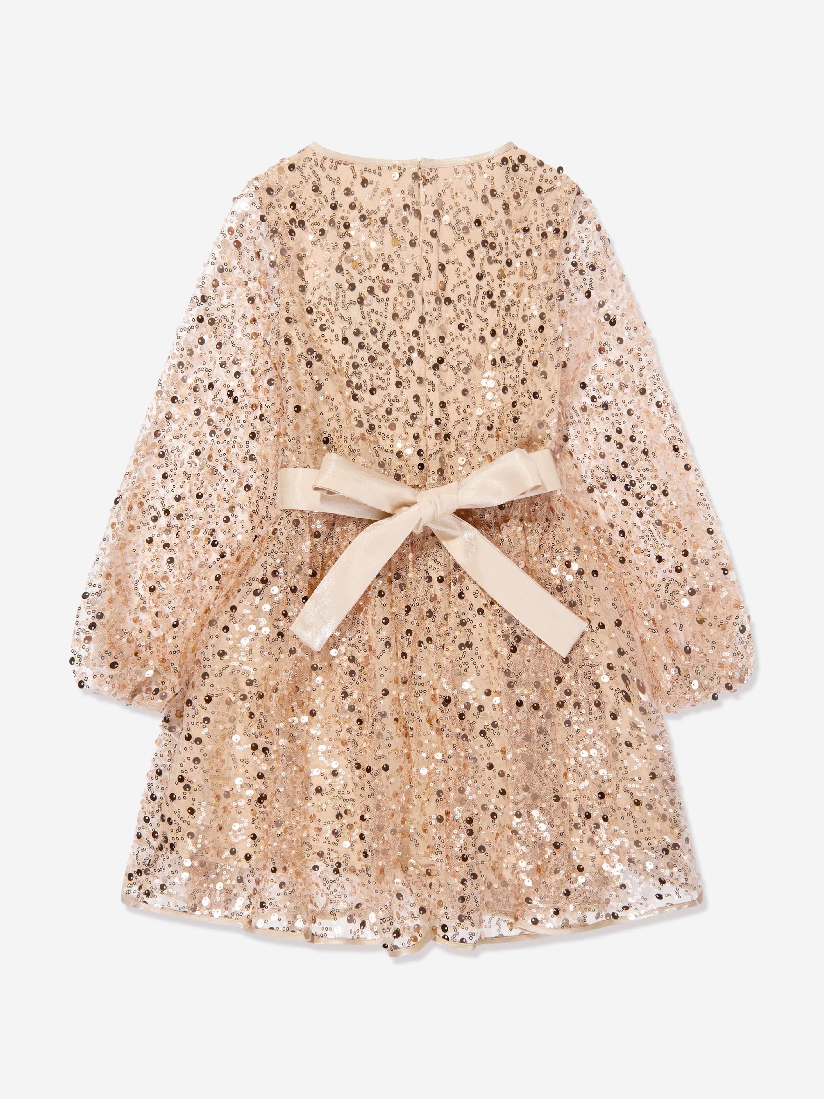 Girls Sequin Tulle Dress in Beige