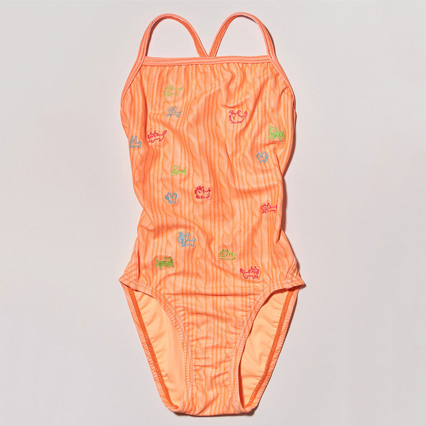Girls Orange Embroidered Professional Swimsuit