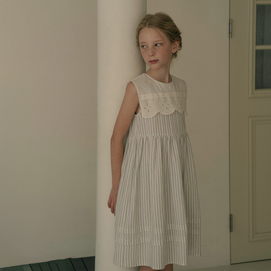 Girls Cream Stripes Cotton Dress