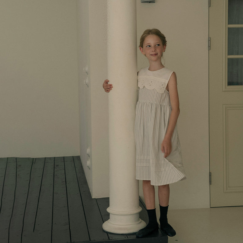 Girls Cream Stripes Cotton Dress