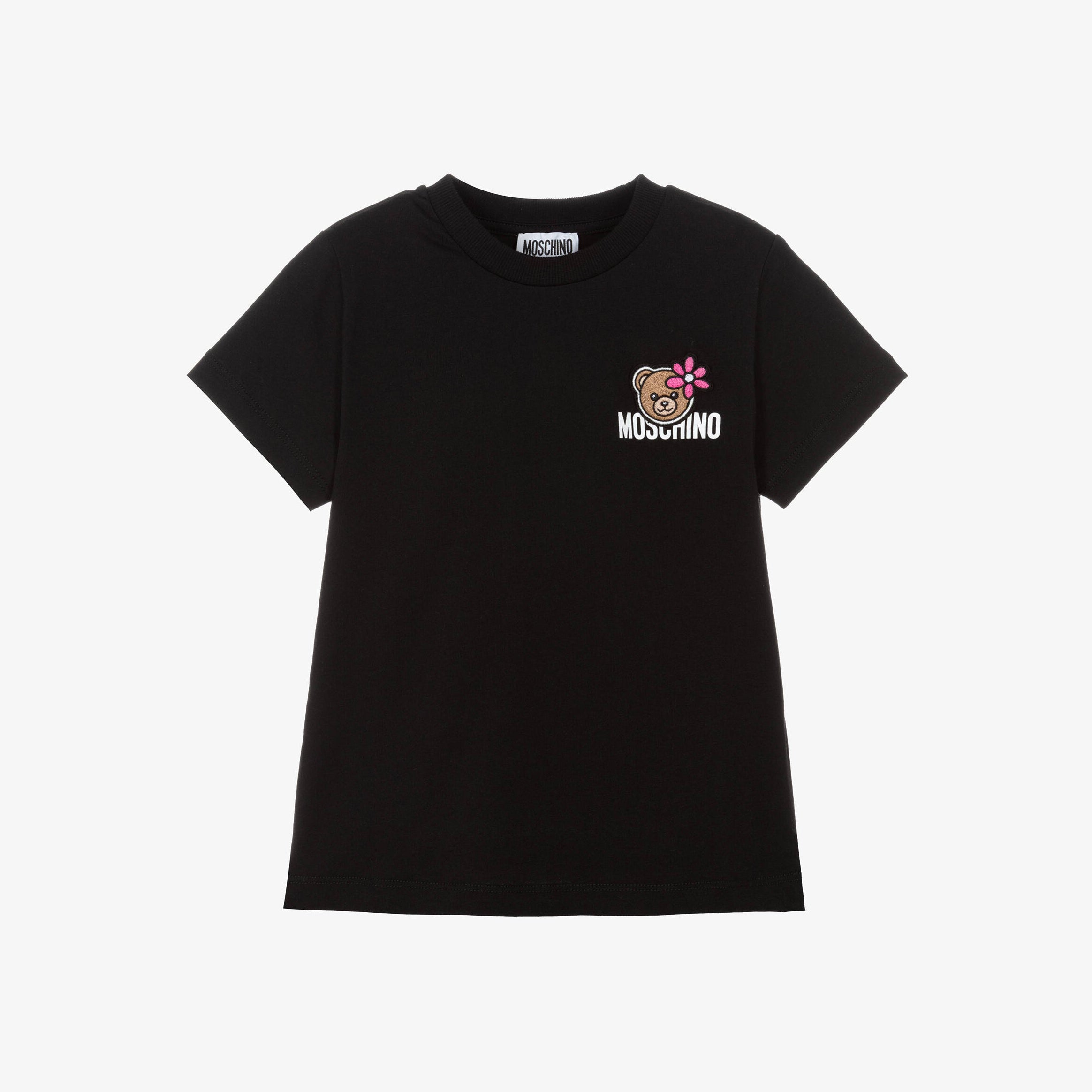 Girls Black Teddy Bear Logo Cotton T-Shirt