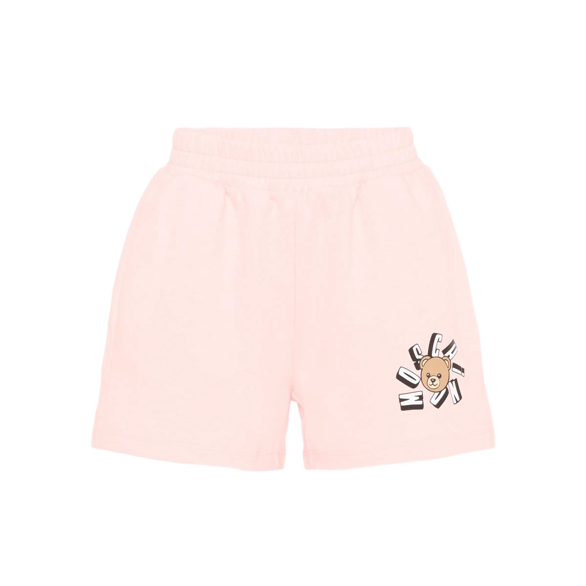 Girls Light Pink Bear Printed Cotton Shorts