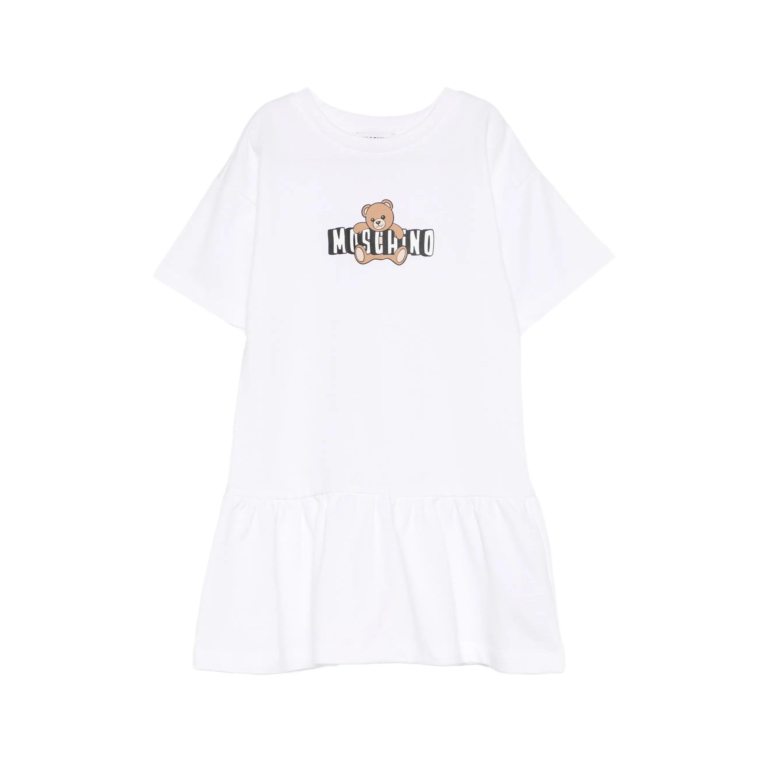 Girls White Bear Printed Cotton Dress