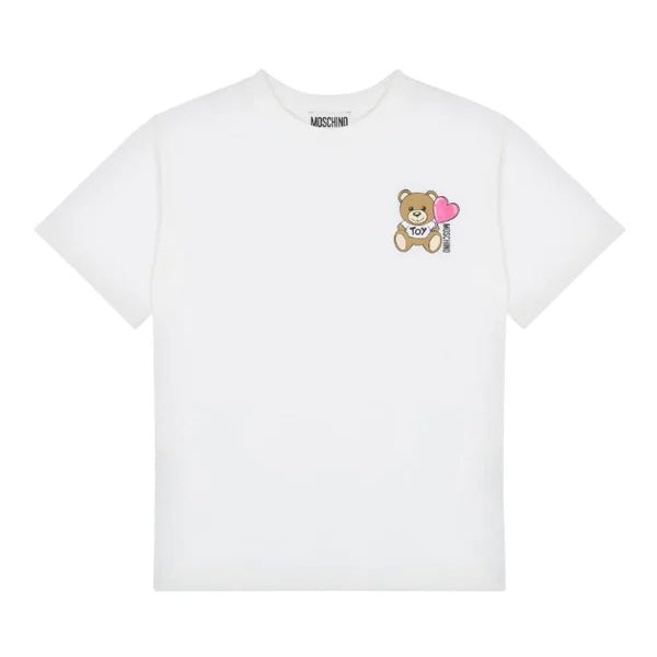 Girls White Printed Logo Cotton T-Shirt