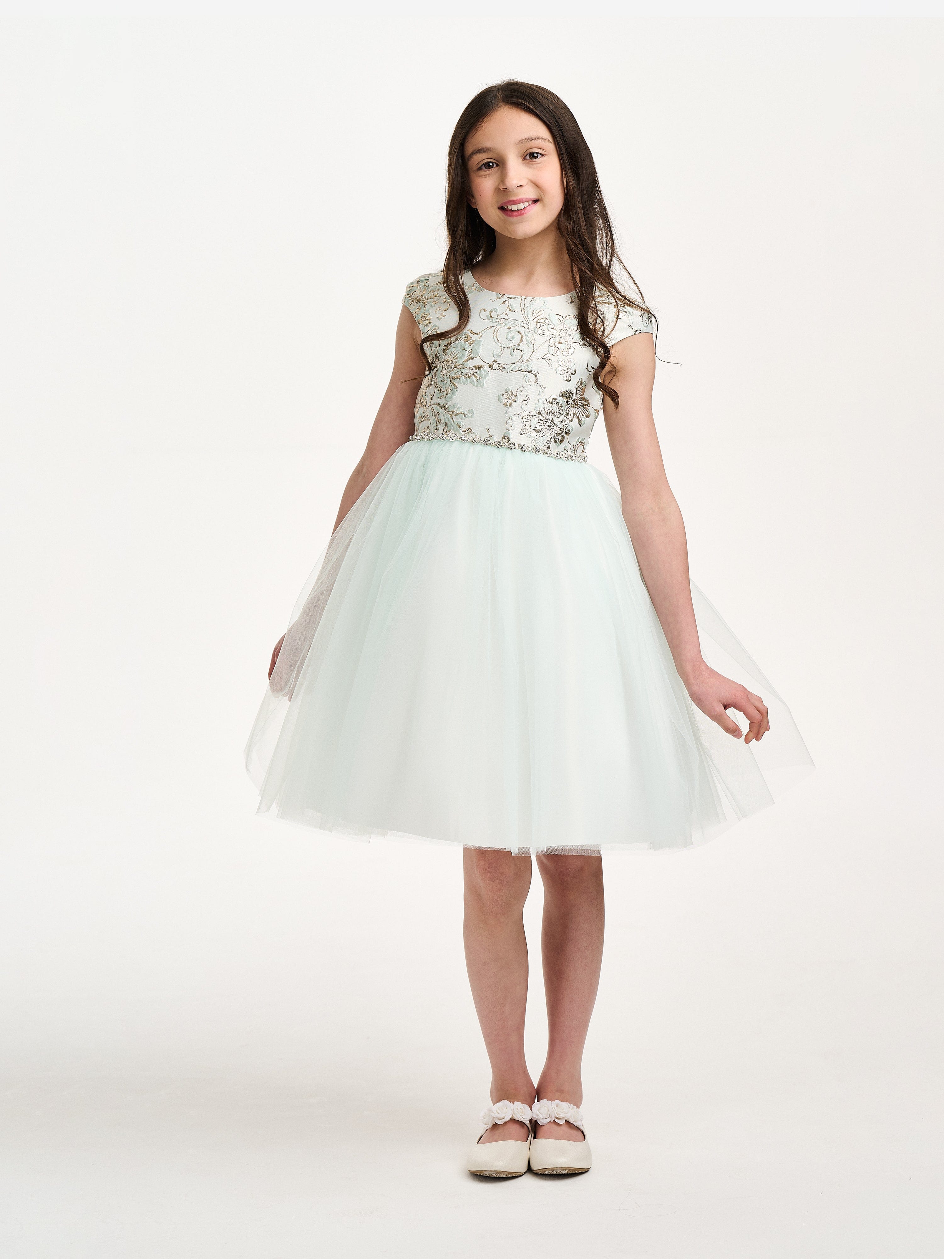 Girls Crystal Cascade Dress in Green