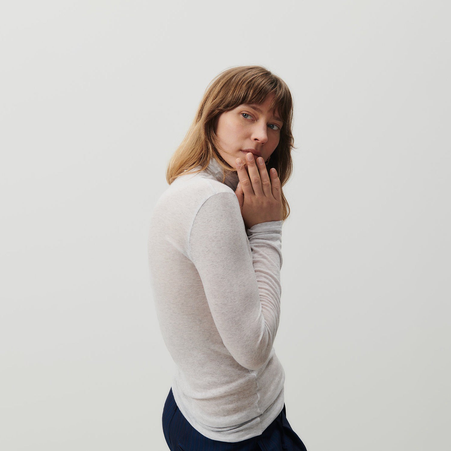 Women Light Grey Cotton High Neck T-Shirt