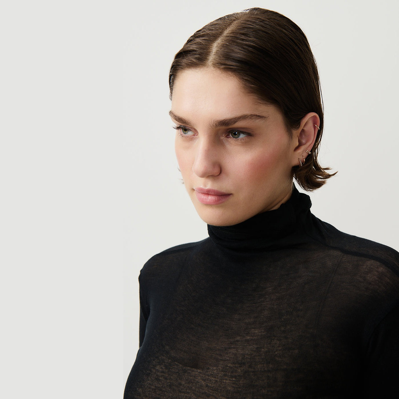 Women Black Cotton High Neck T-Shirt