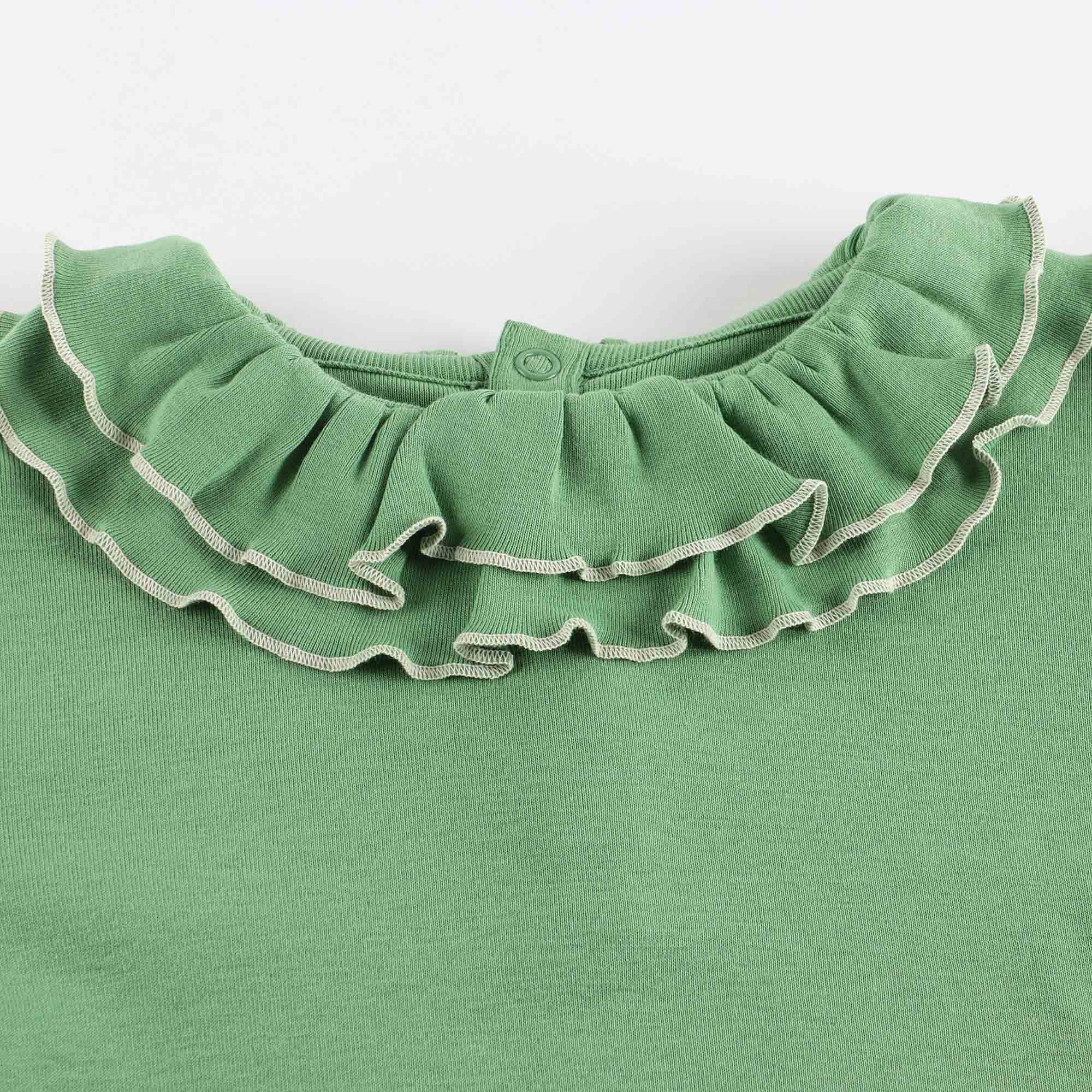 Girls Green Ruffled Cotton T-Shirt