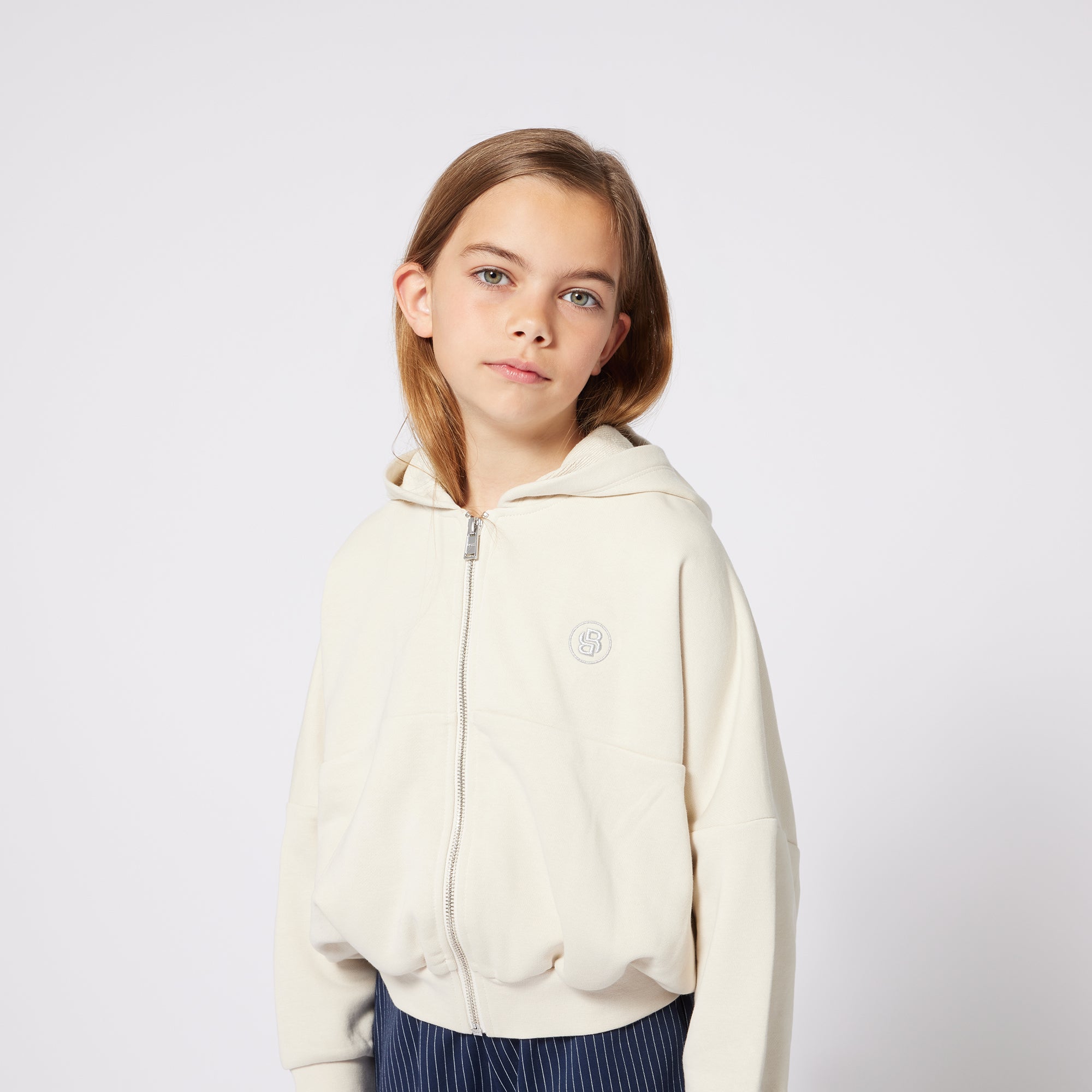 Girls Ivory Cotton Zip-Up Top
