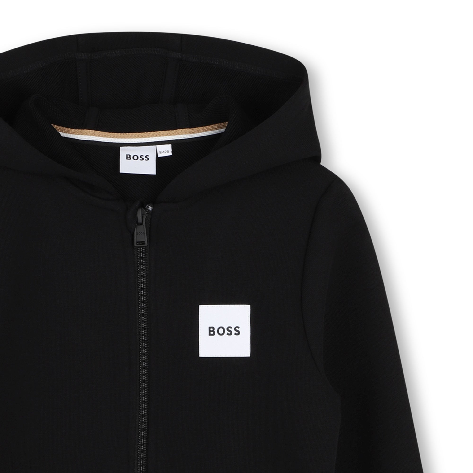 Boys Black Hooded Cotton Zip-Up Top