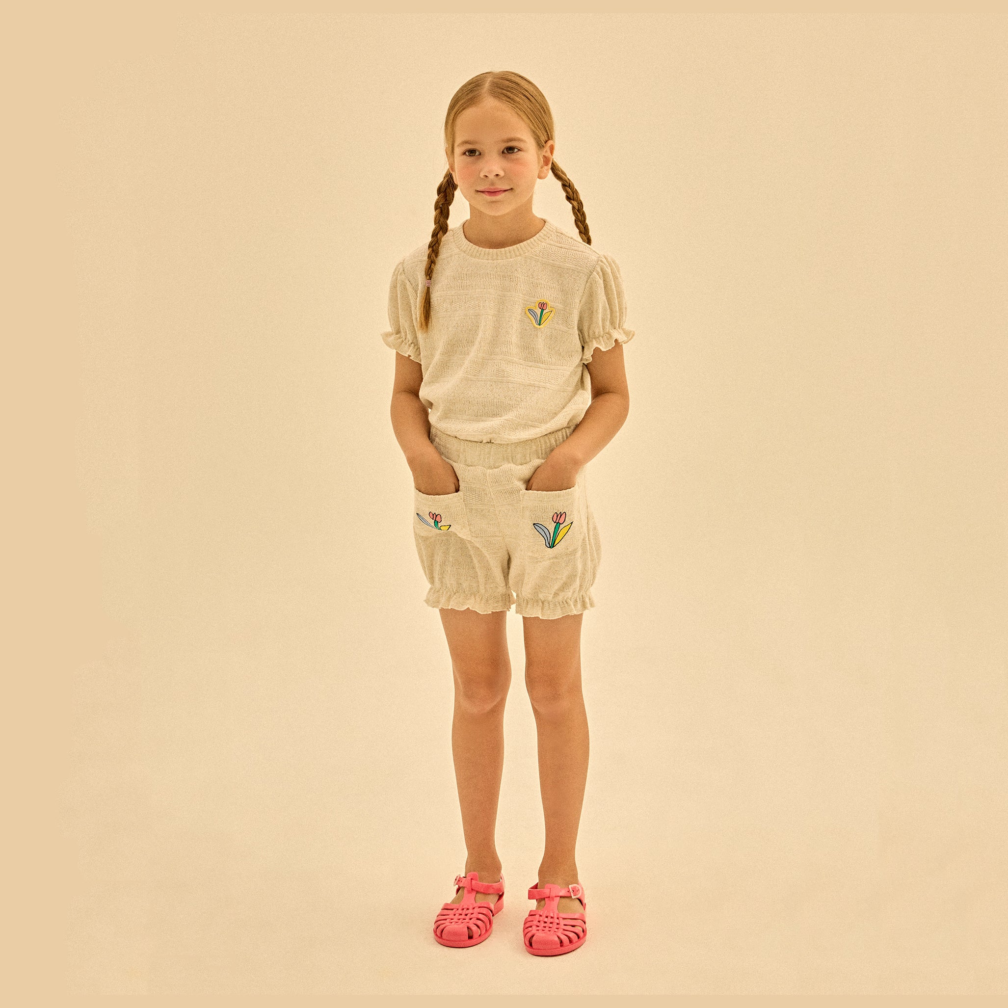 Girls Ivory Flower Knit Shorts