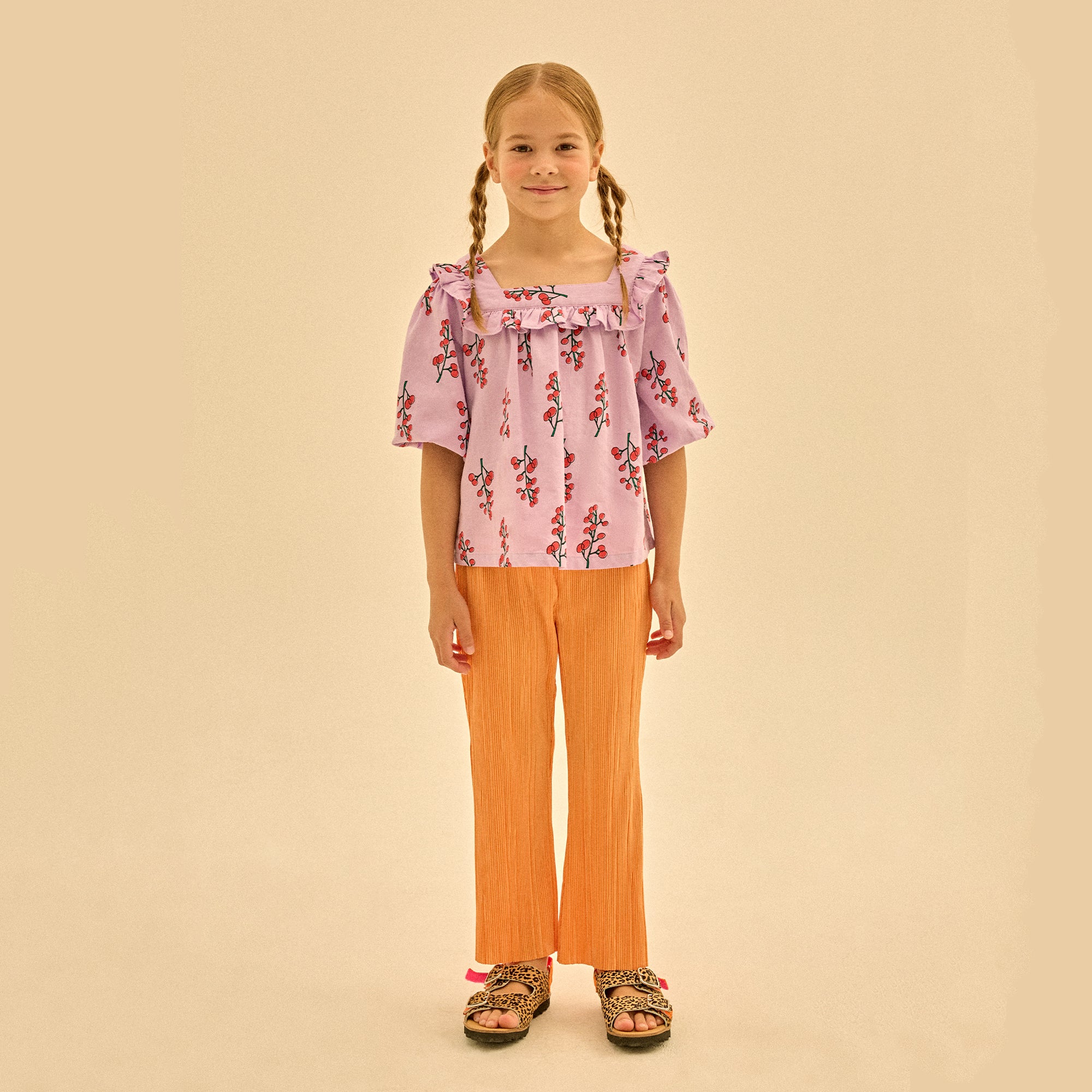 Girls Orange Pleats Flare Trousers