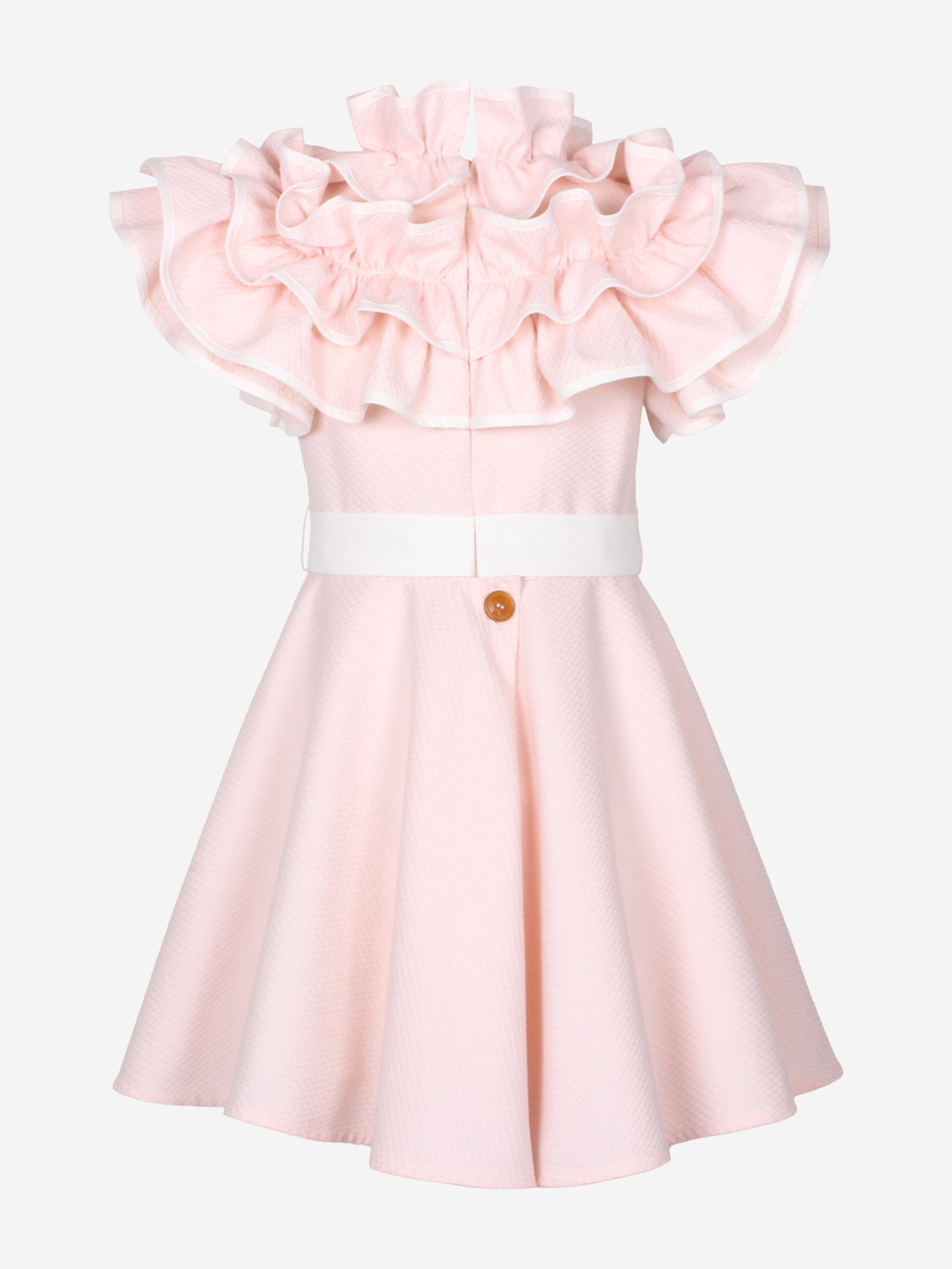 Jessie And James Girls Dotty Jacquard Frilly Glamour Dress in Pink