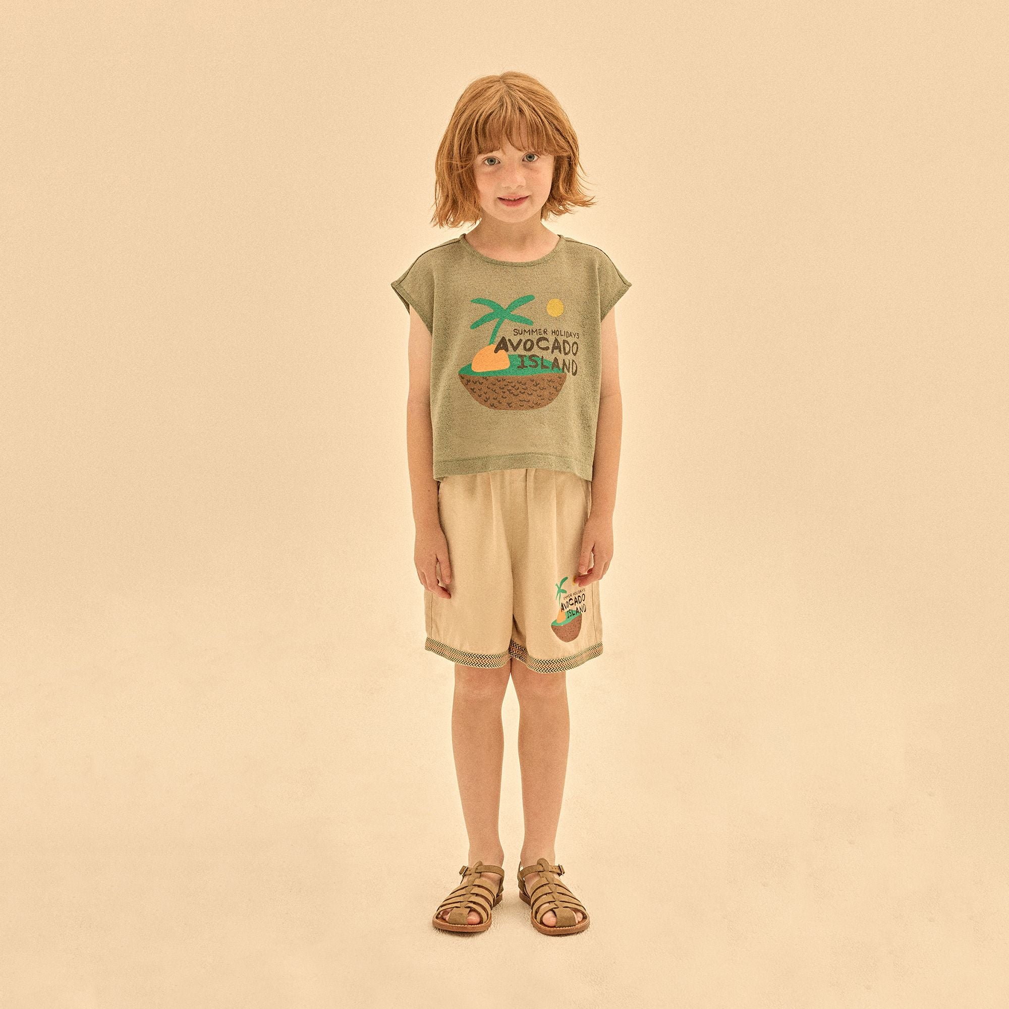 Boys & Girls Khaki Printed Cotton Sleeveless T-Shirt