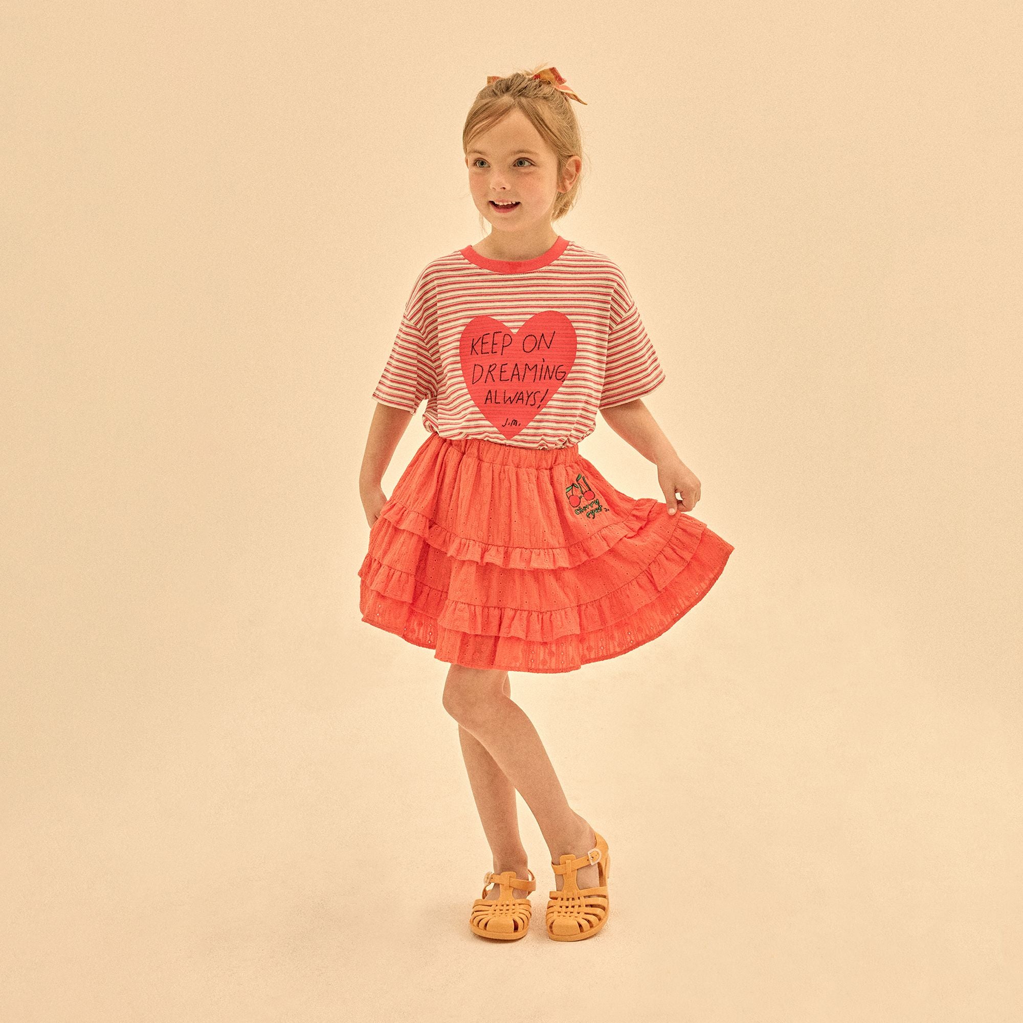 Girls Red Orange Embroidered Cotton Skirt