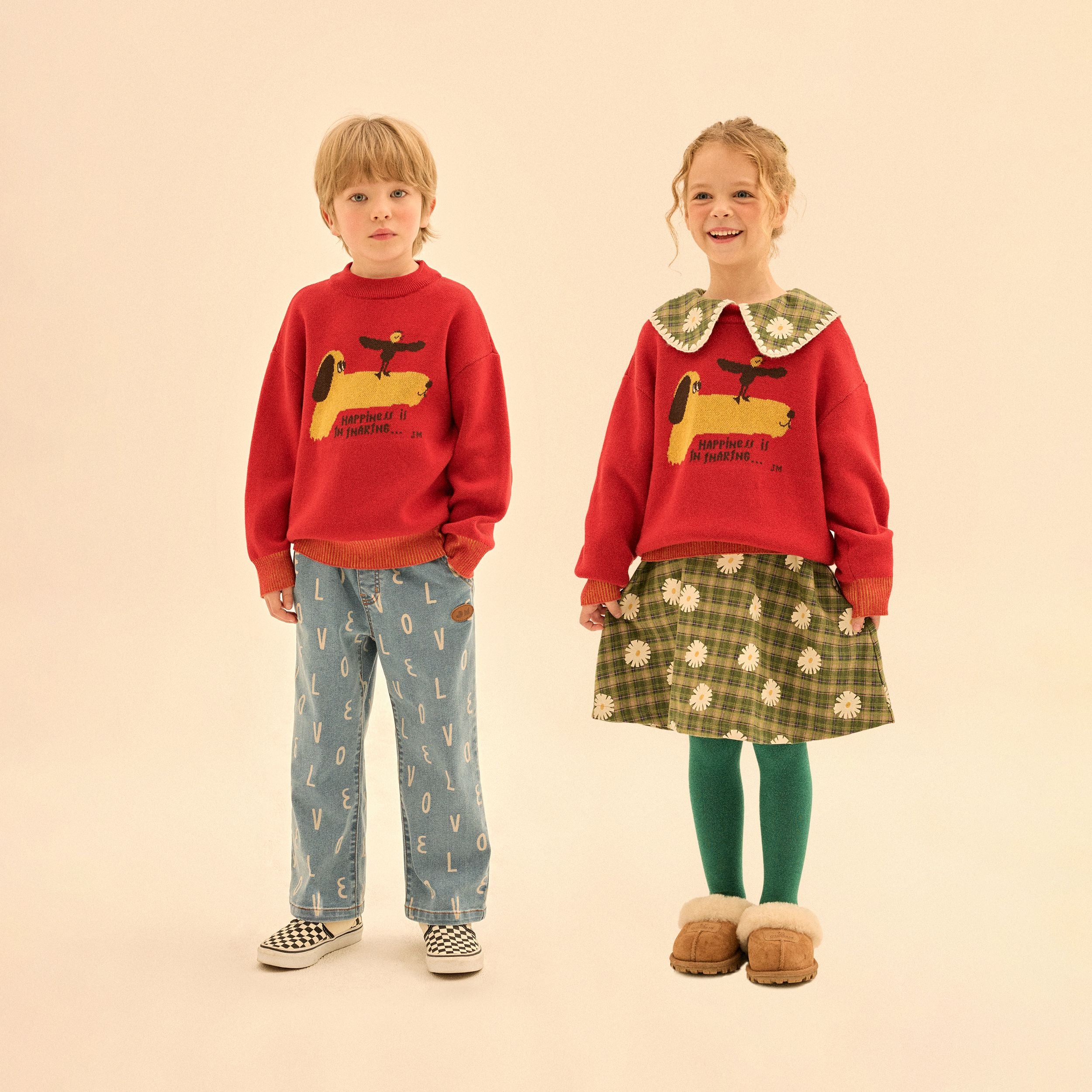Boys & Girls Red Jacquard Cotton Knit Sweater