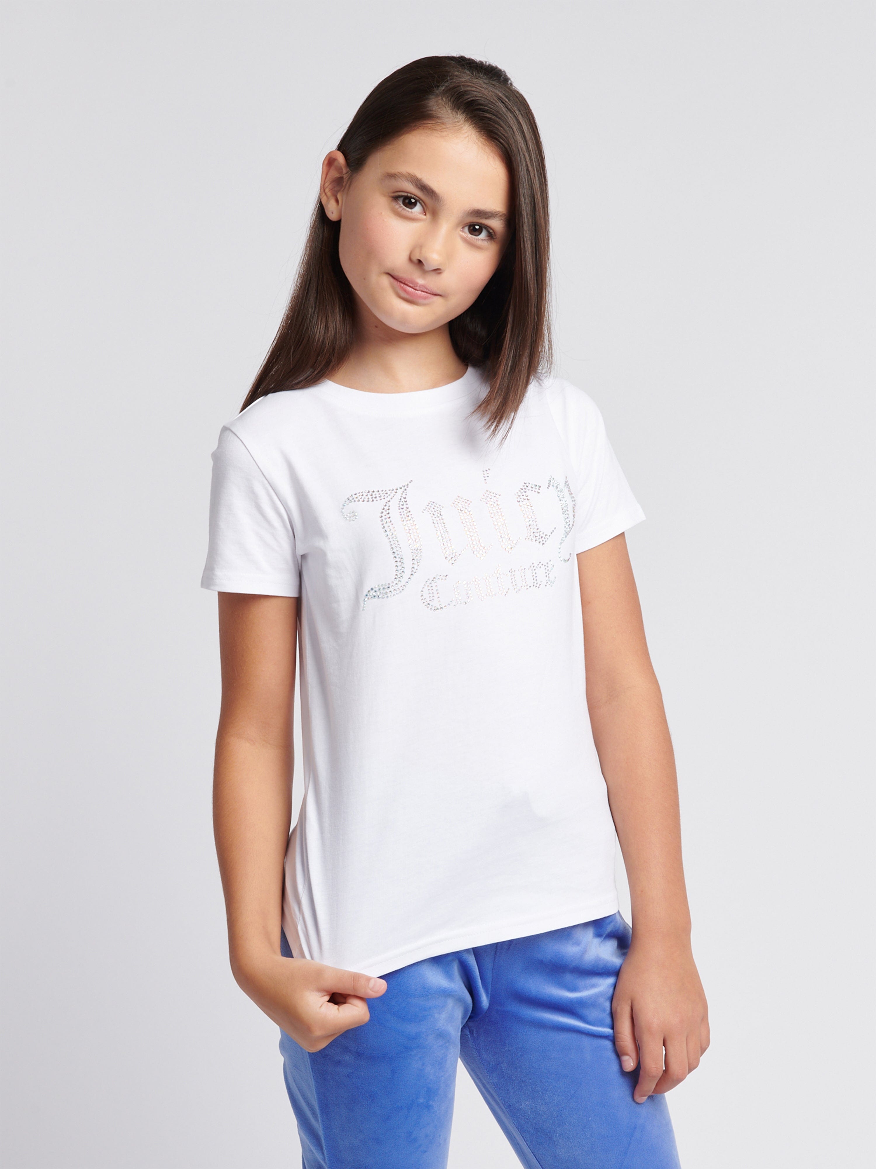 Juicy Couture Girls Diamante Logo Fitted T-Shirt in White