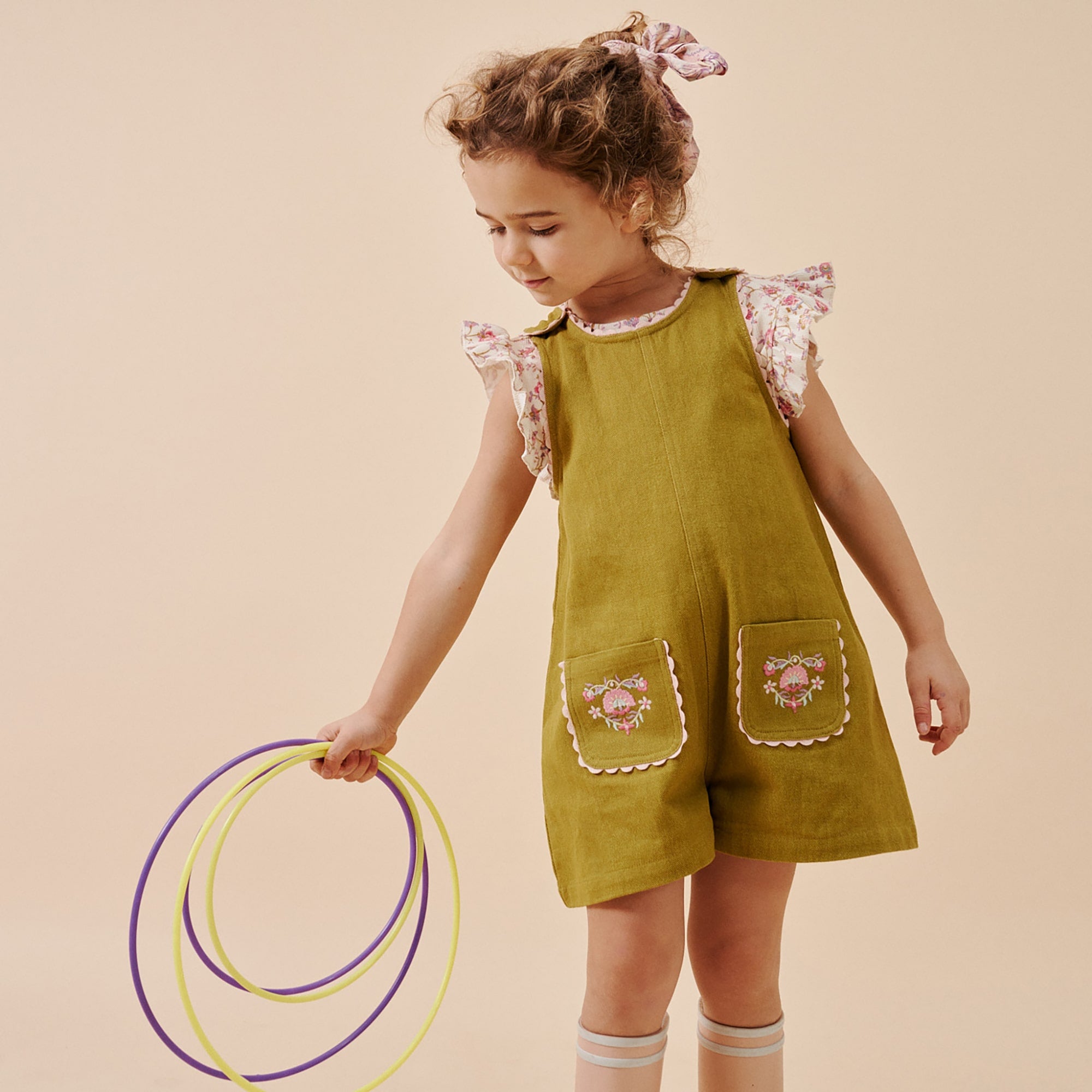 Girls Olive Embroidered Cotton Jumpsuit