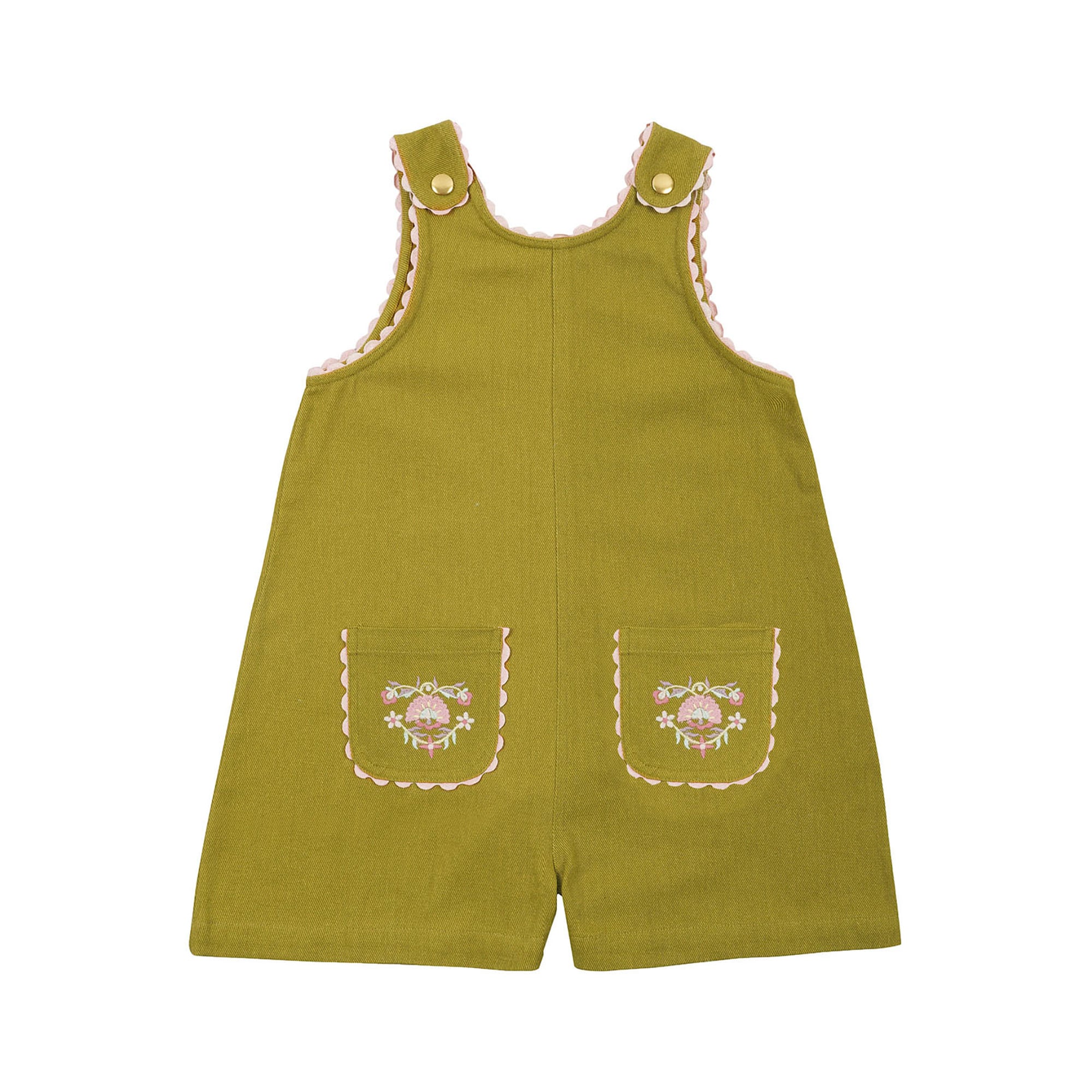 Girls Olive Embroidered Cotton Jumpsuit