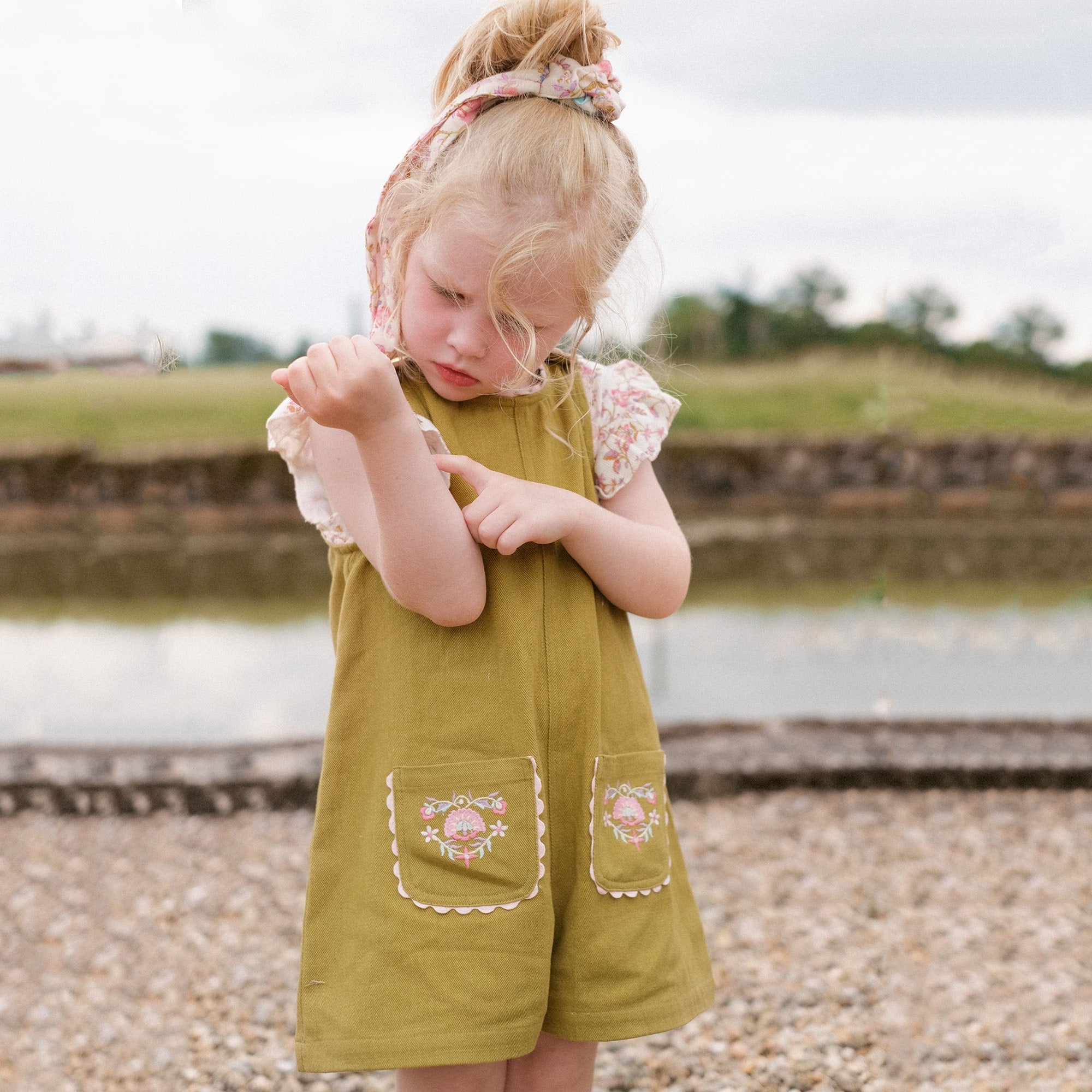 Girls Olive Embroidered Cotton Jumpsuit