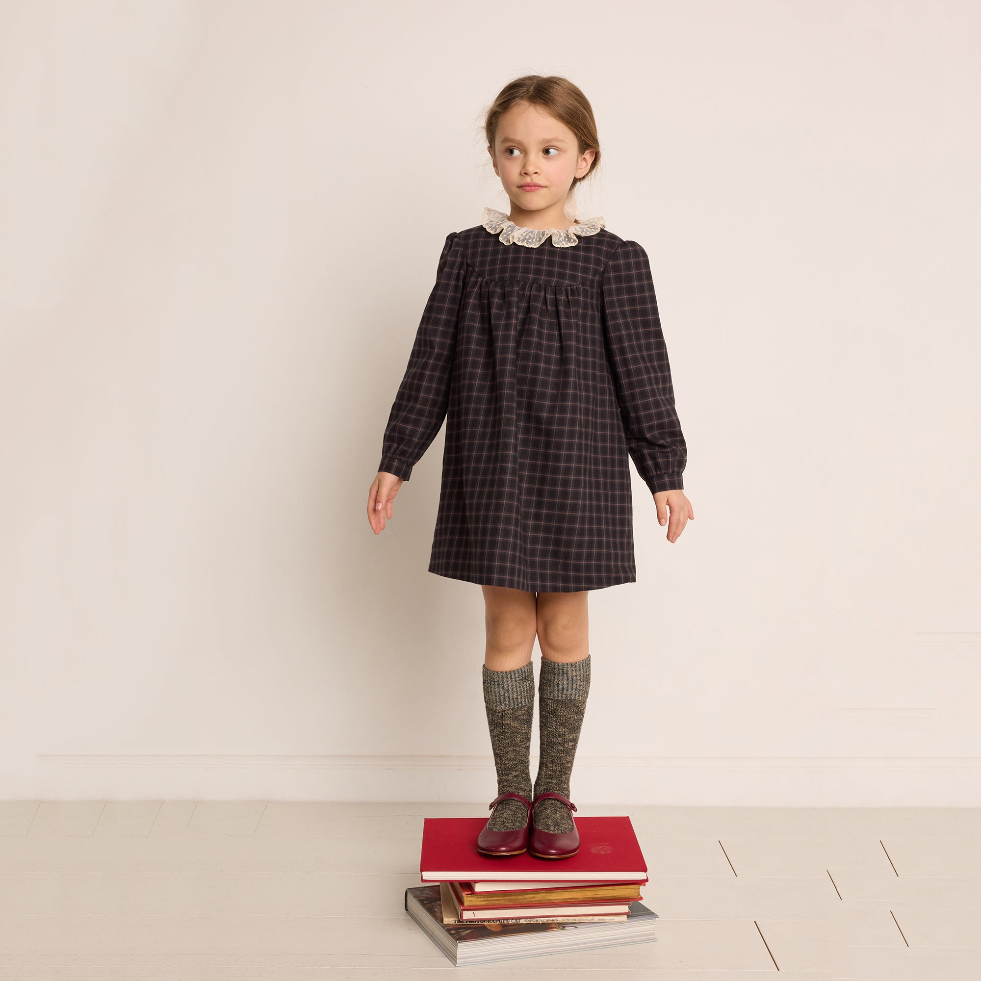 Girls Dark Grey Check Cotton Dress