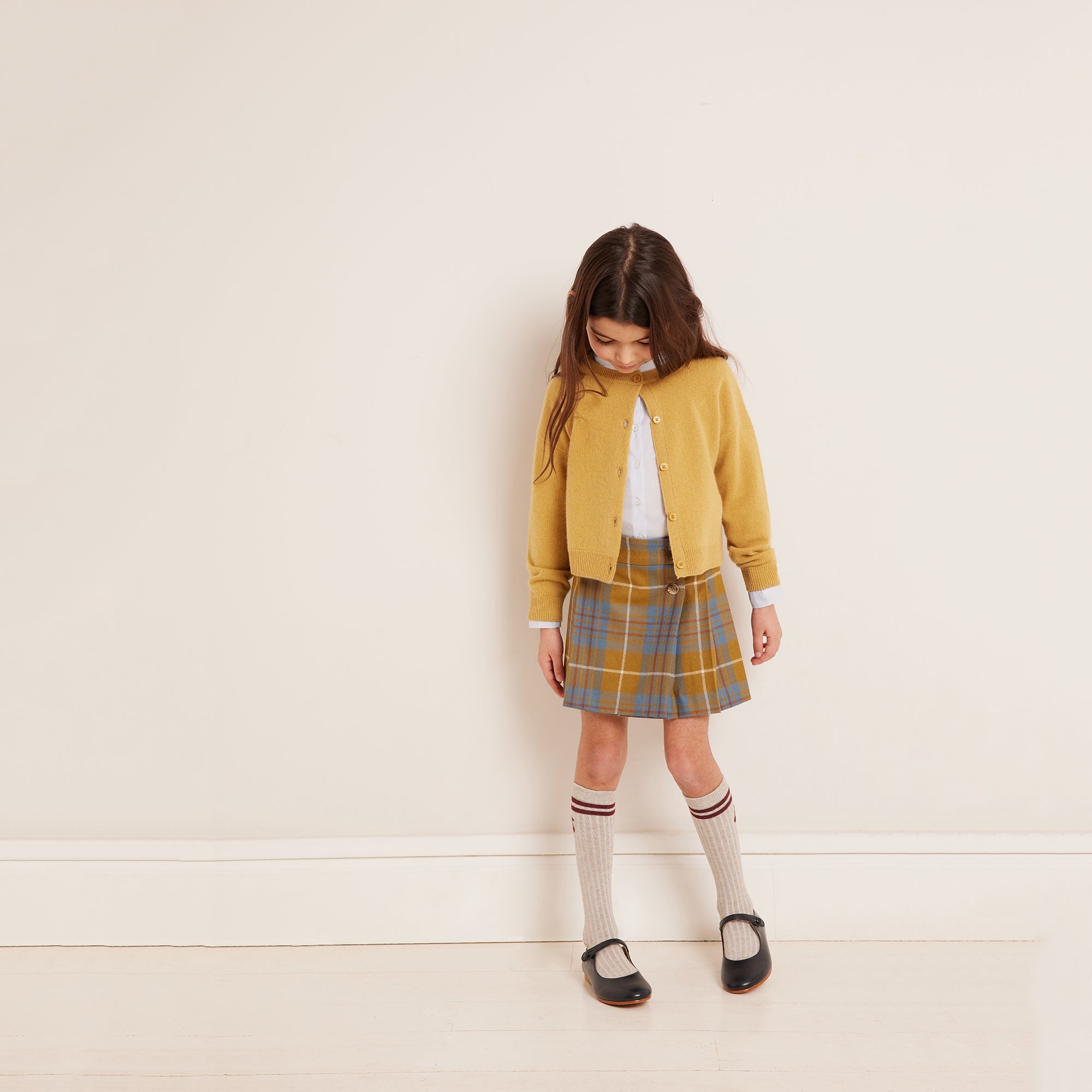 Girls Olive Check Wool Skirt