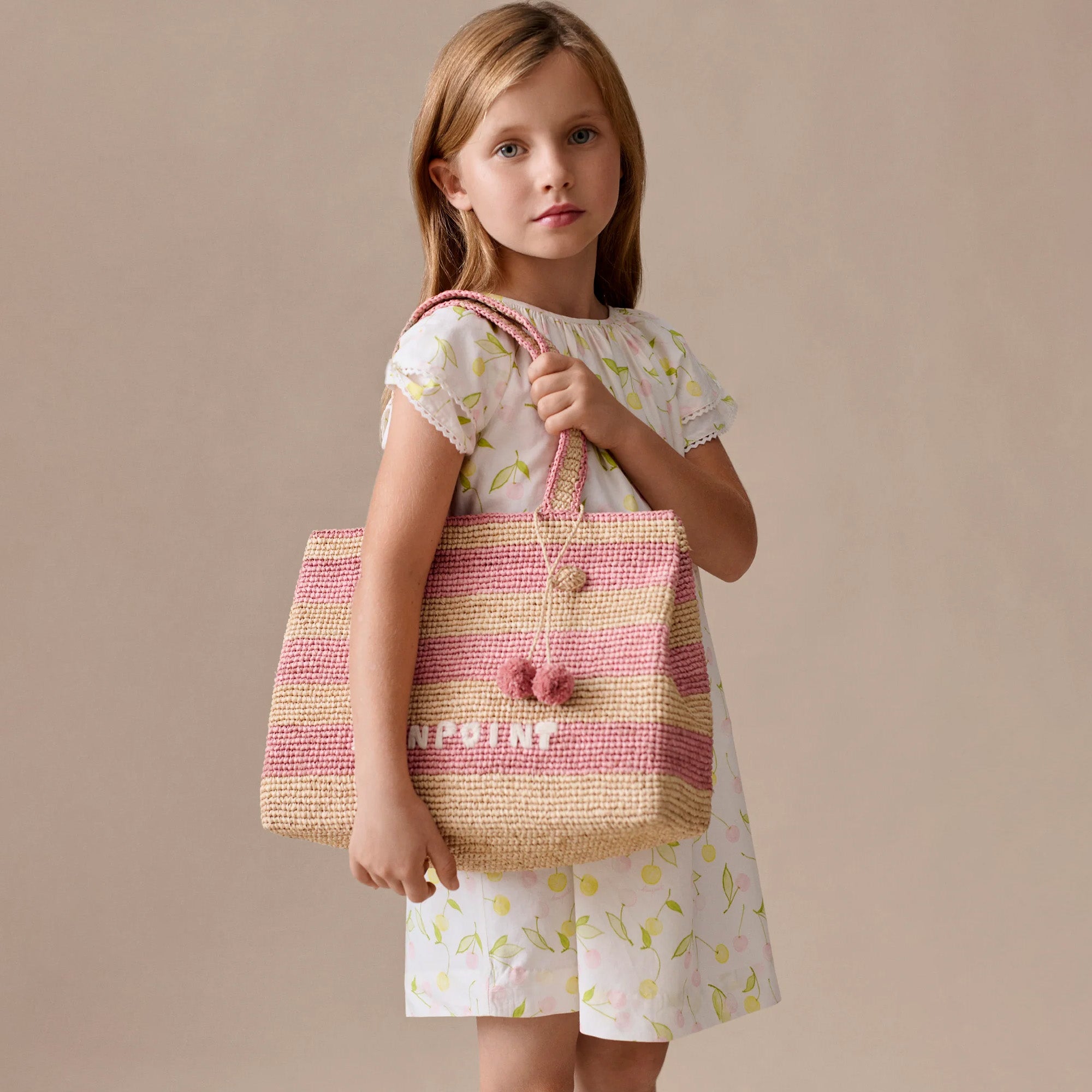 Girls Pink Stripes Embroidered Logo Raffia Handbag( 33 x 12 x 24 cm)