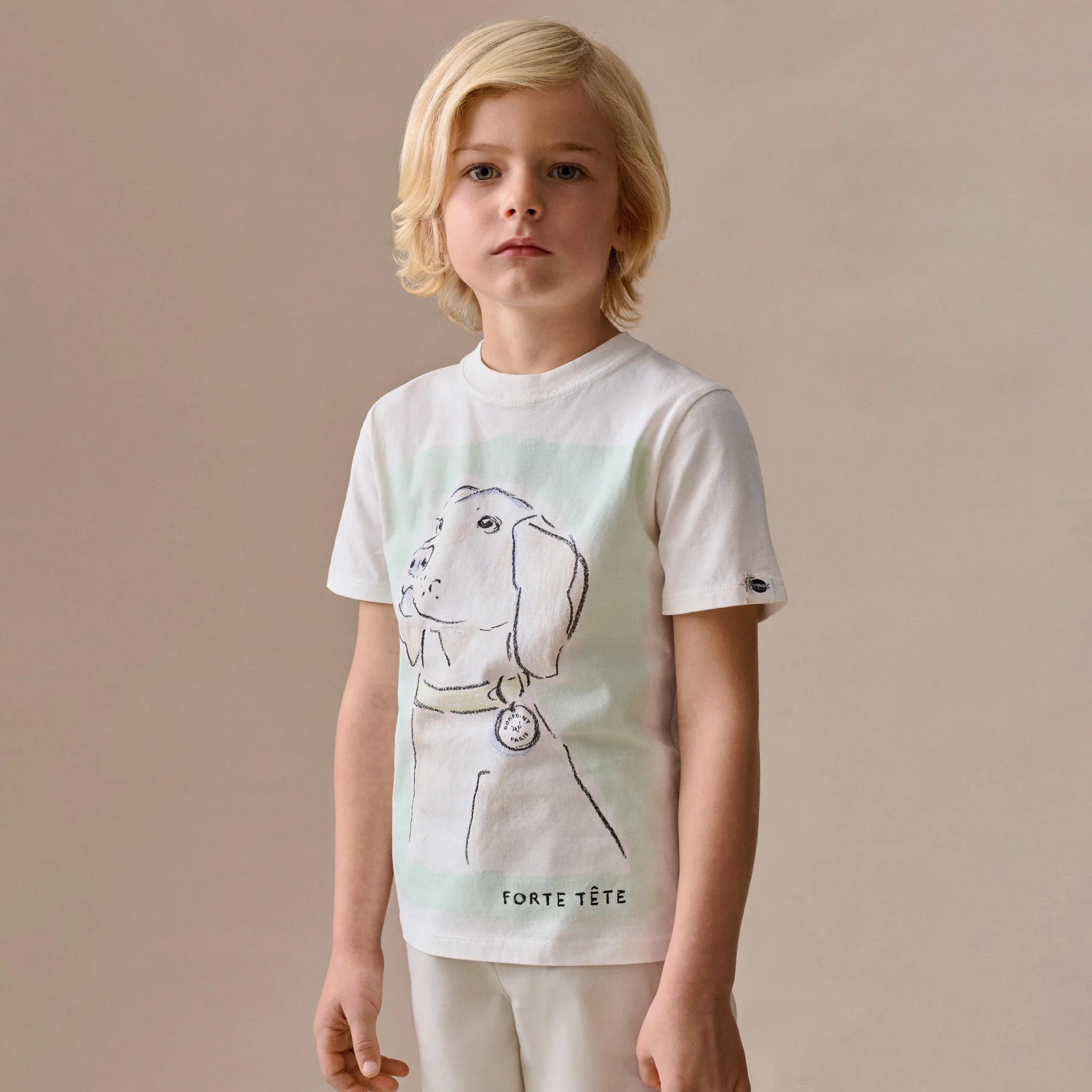 Boys White Puppy Printed Cotton T-Shirt