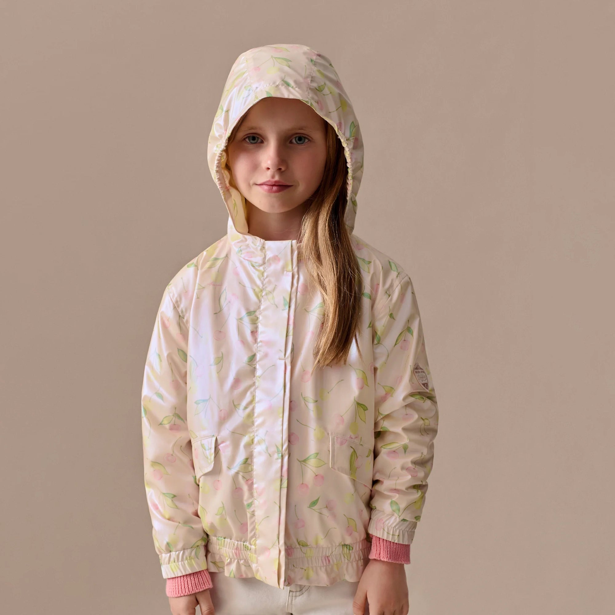 Girls Rose Pink Cherry Printed Hooded Jacket
