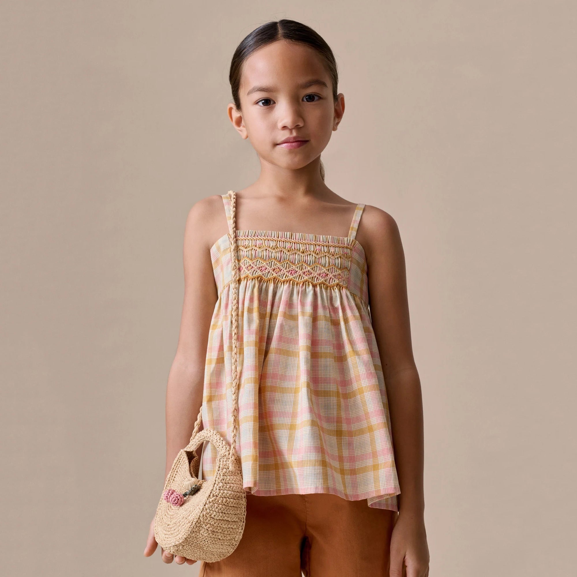 Girls Pink & Yellow Check Cotton Strap Top