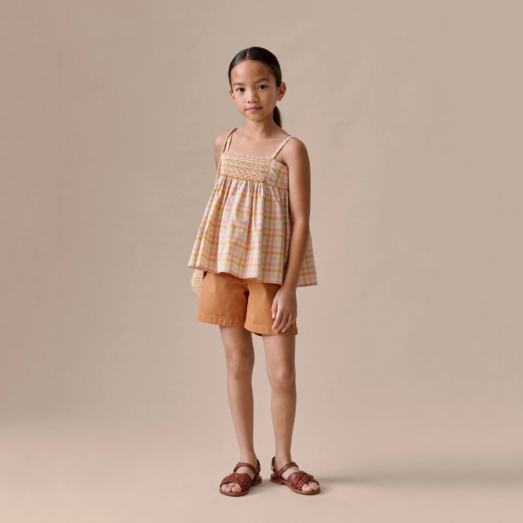 Girls Pink & Yellow Check Cotton Strap Top