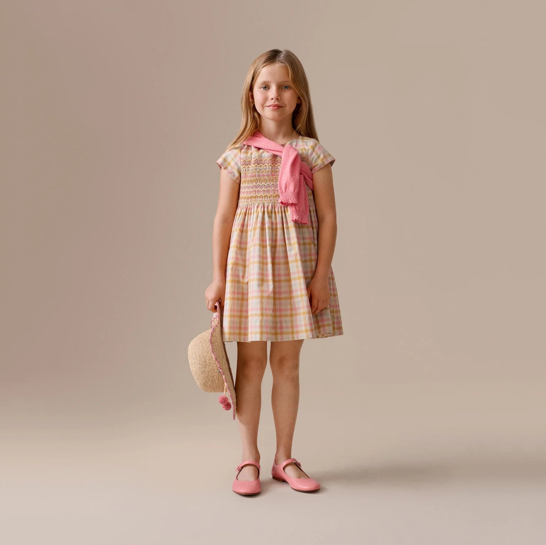 Girls Pink & Yellow Check Cotton Dress