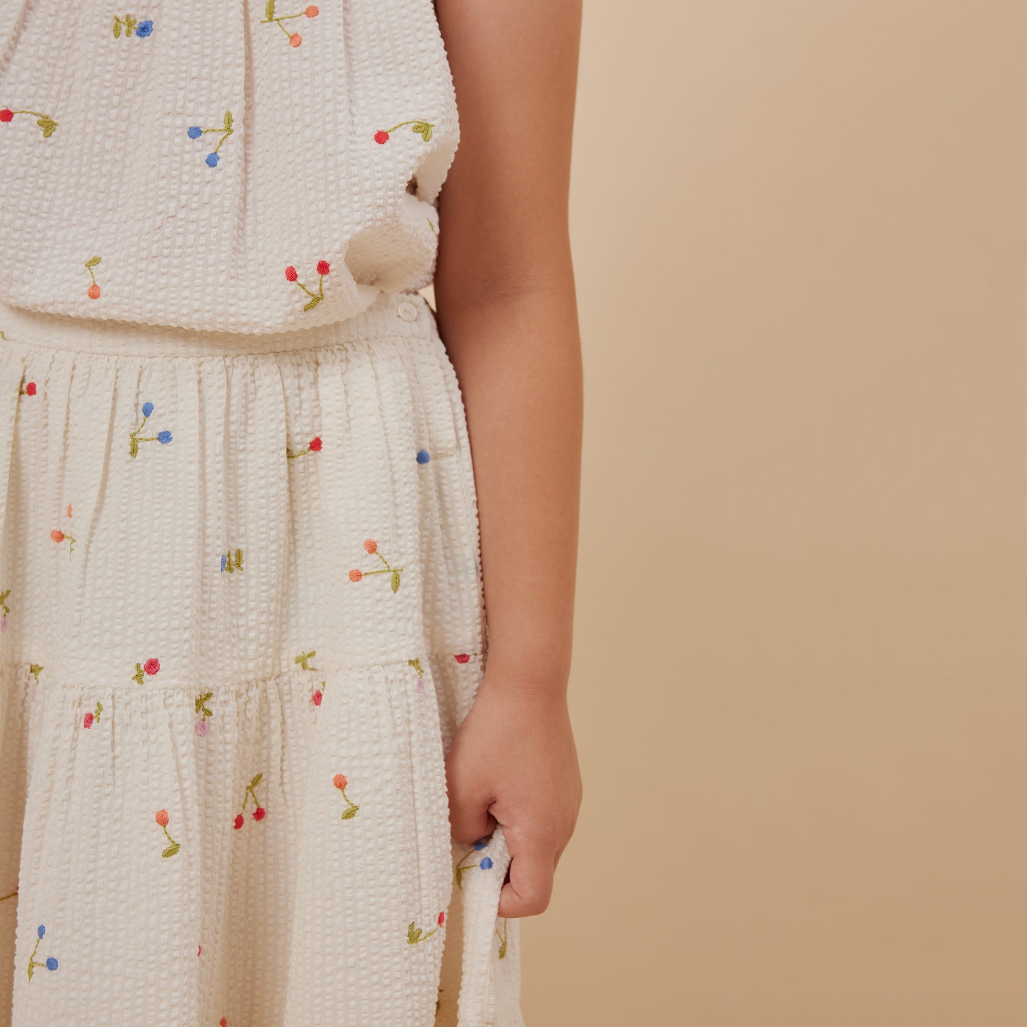 Girls White Cherry Embroidered Cotton Skirt