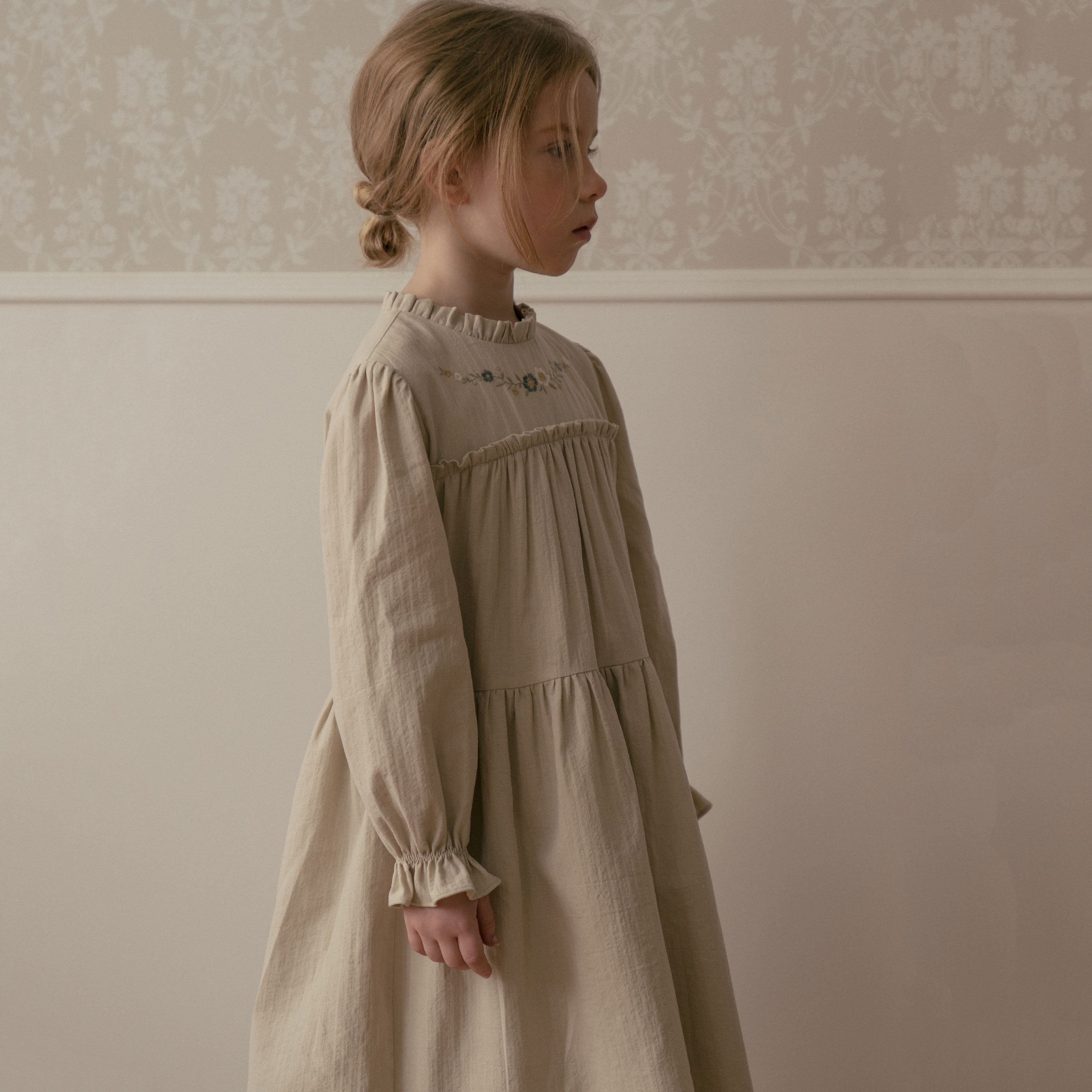 Girls Light Grey Embroidered Cotton Dress