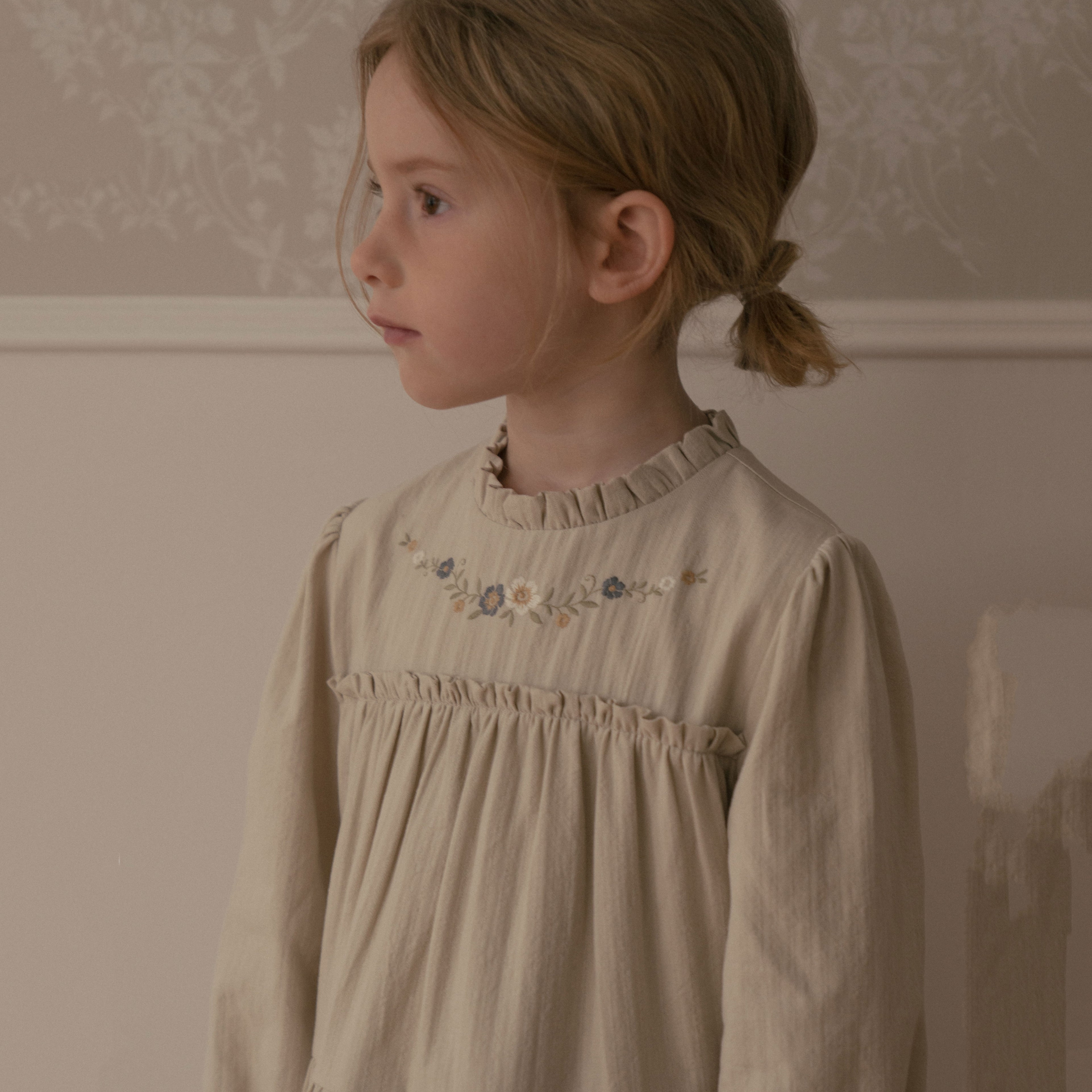 Girls Light Grey Embroidered Cotton Dress