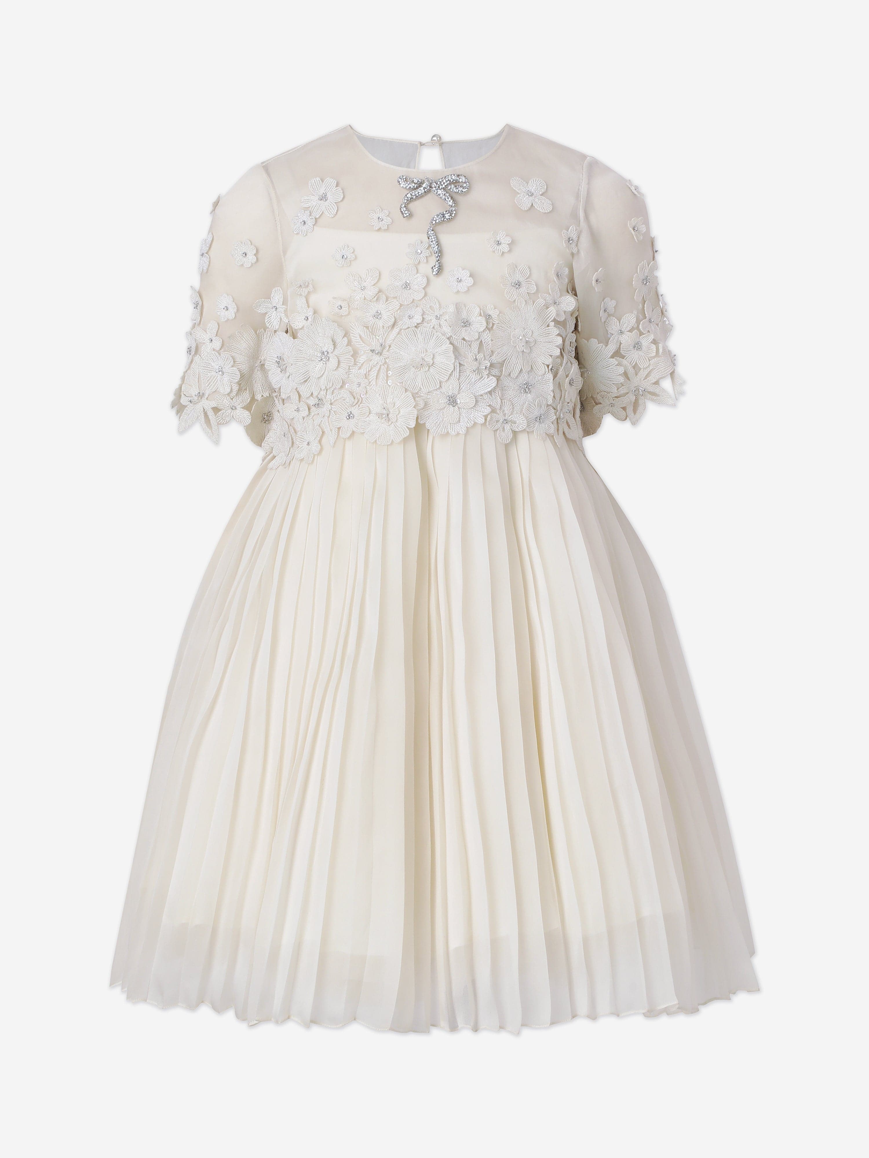 Girls Leonie Embroidered Pleated Dress in Ivory