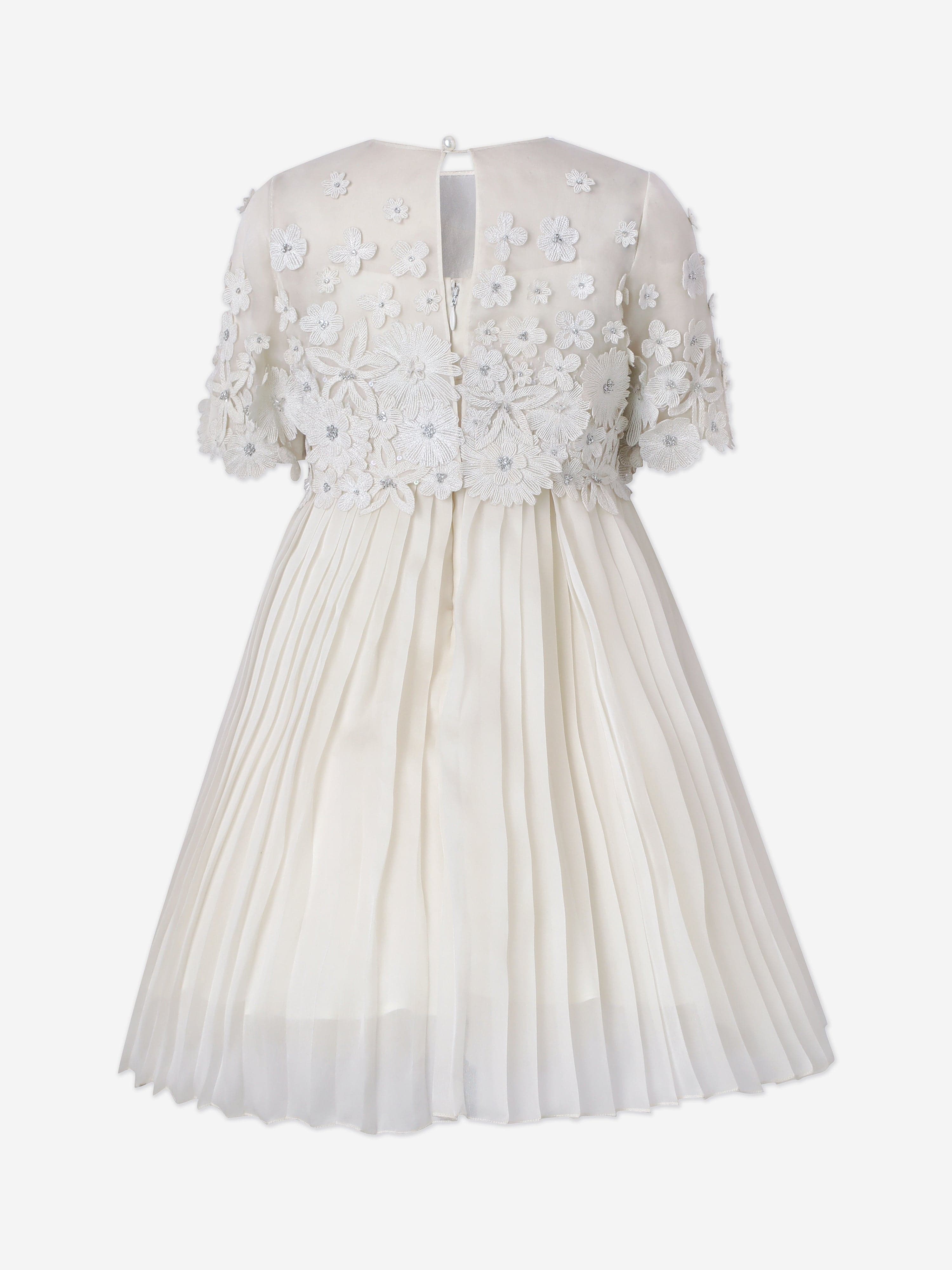 Girls Leonie Embroidered Pleated Dress in Ivory