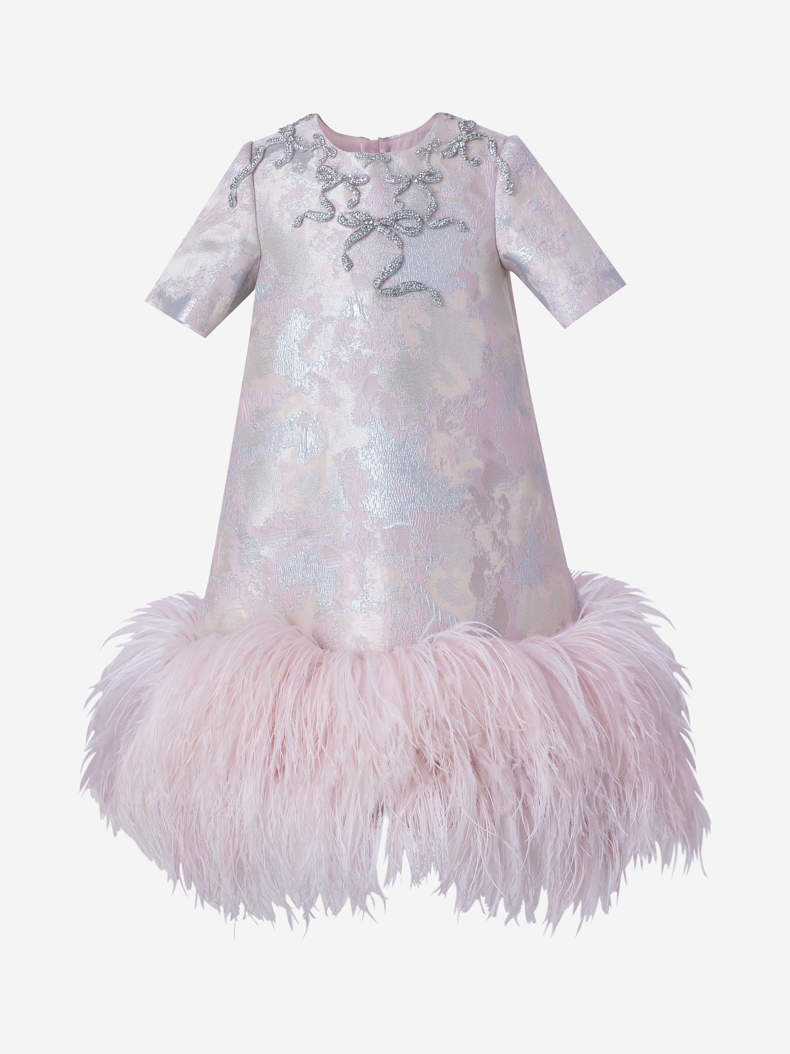 Girls Elodie Brocade Feather Trim Dress in Pink