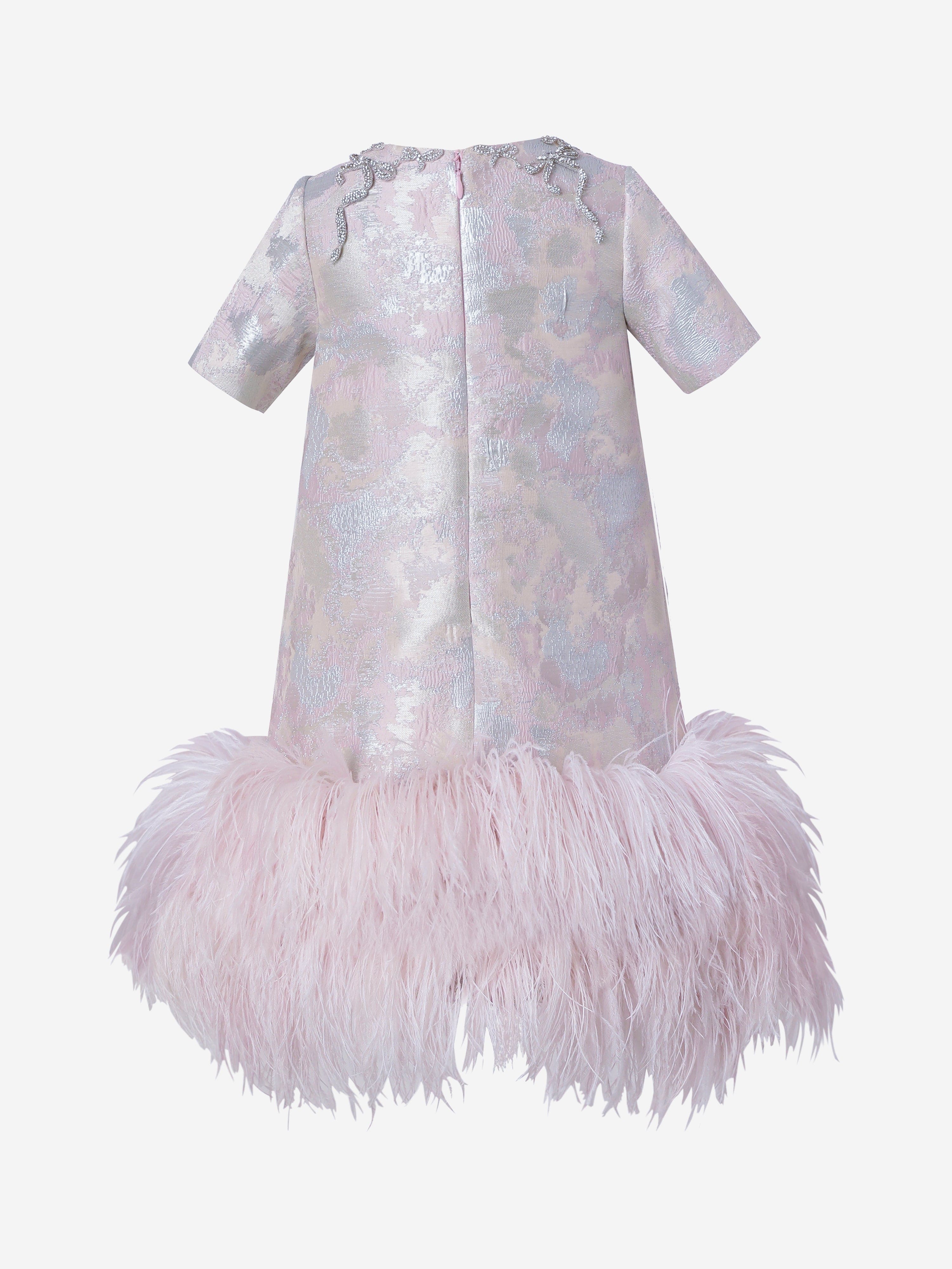 Girls Elodie Brocade Feather Trim Dress in Pink