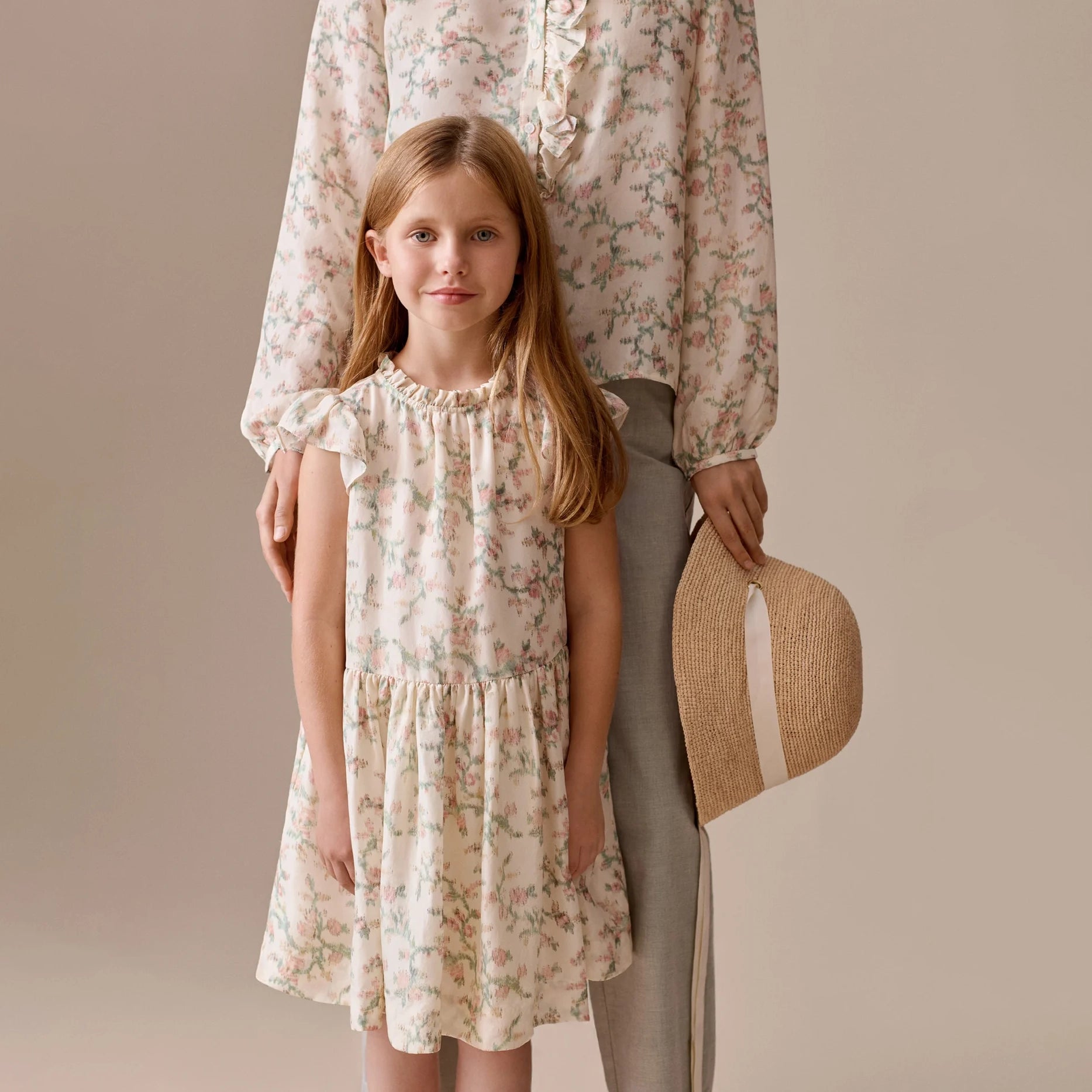 Girls Beige Printed Silk Dress