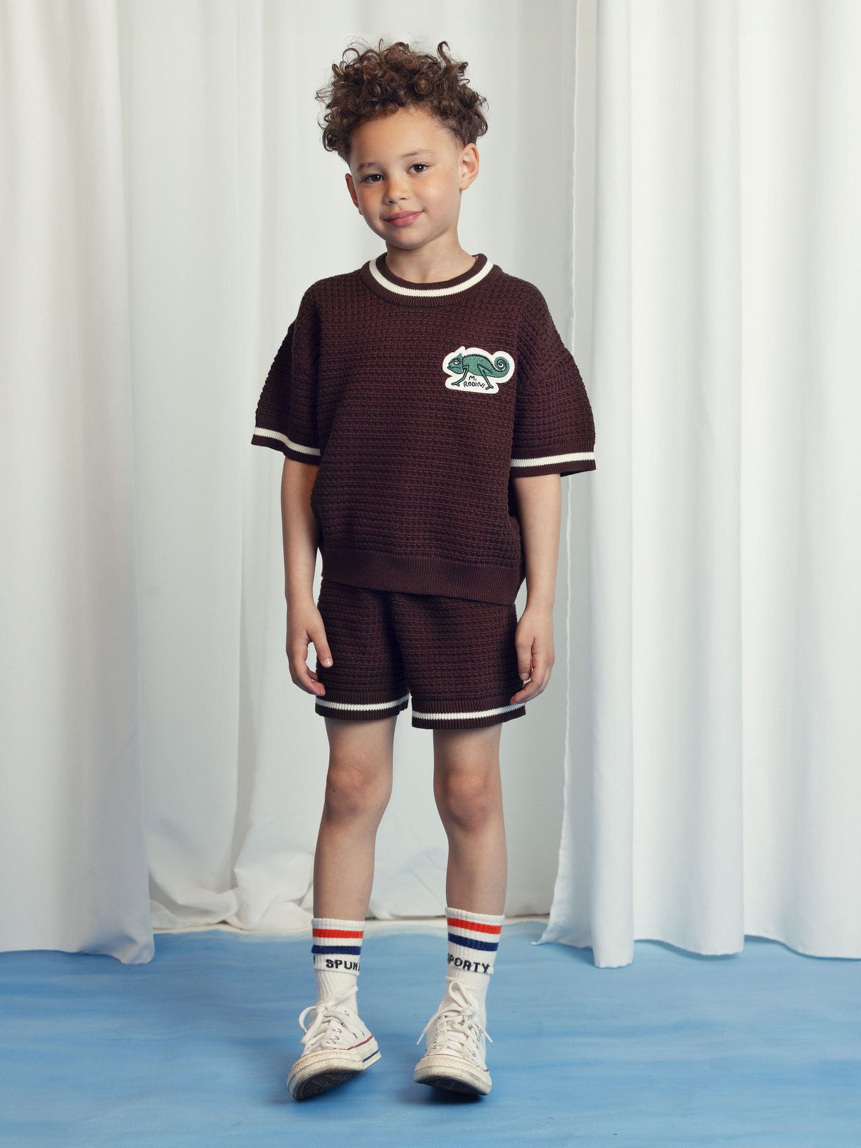 Kids Lizard Patch Crochet Knit Shorts in Brown