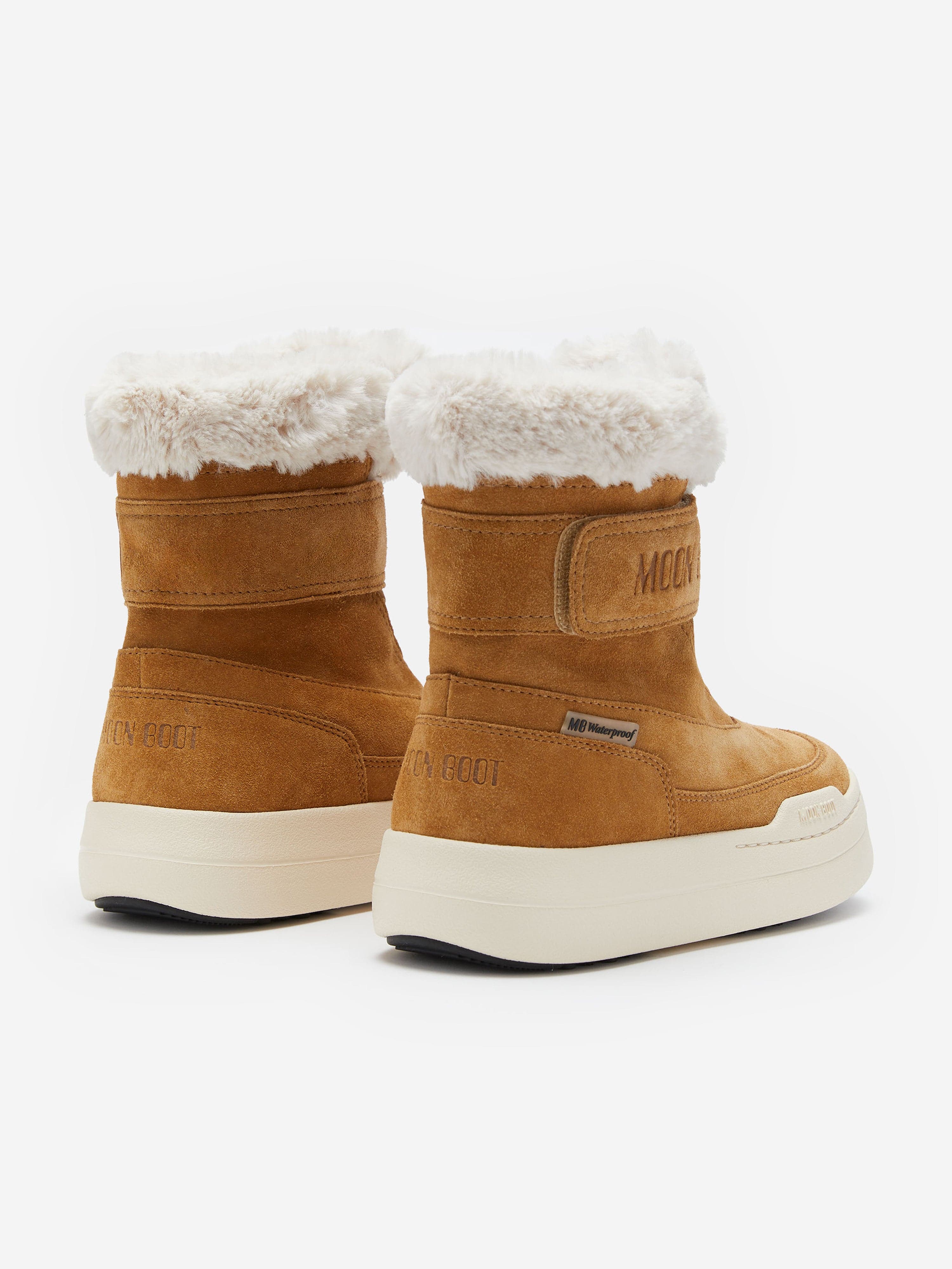 Moon Boot Girls JR Strap Suede Boots in Beige