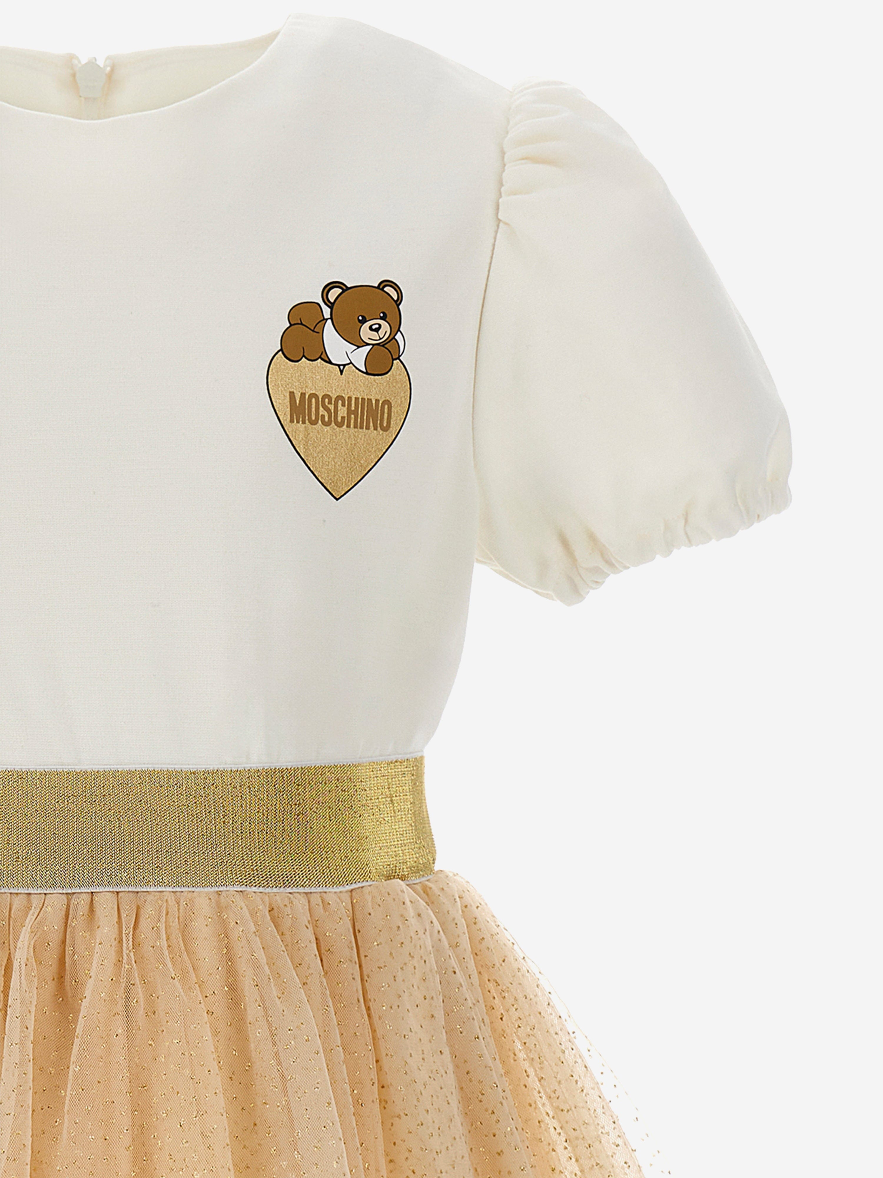 Moschino Girls Bear Logo Ruffle Dress in Ivory