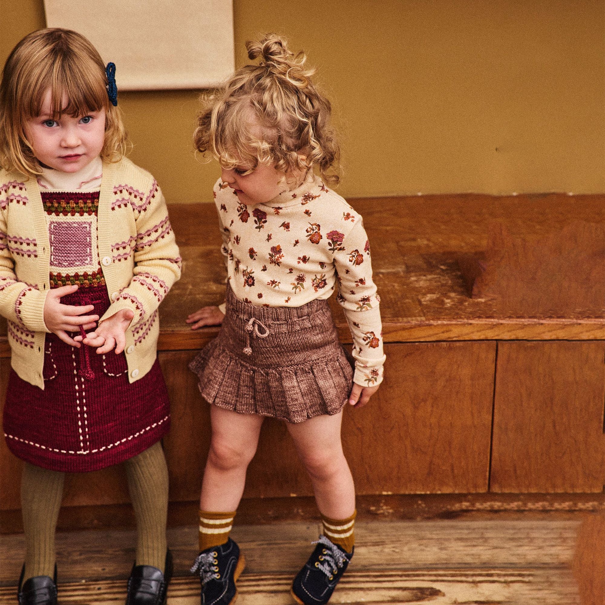 Girls Beige Flower Printed Cotton Turtleneck